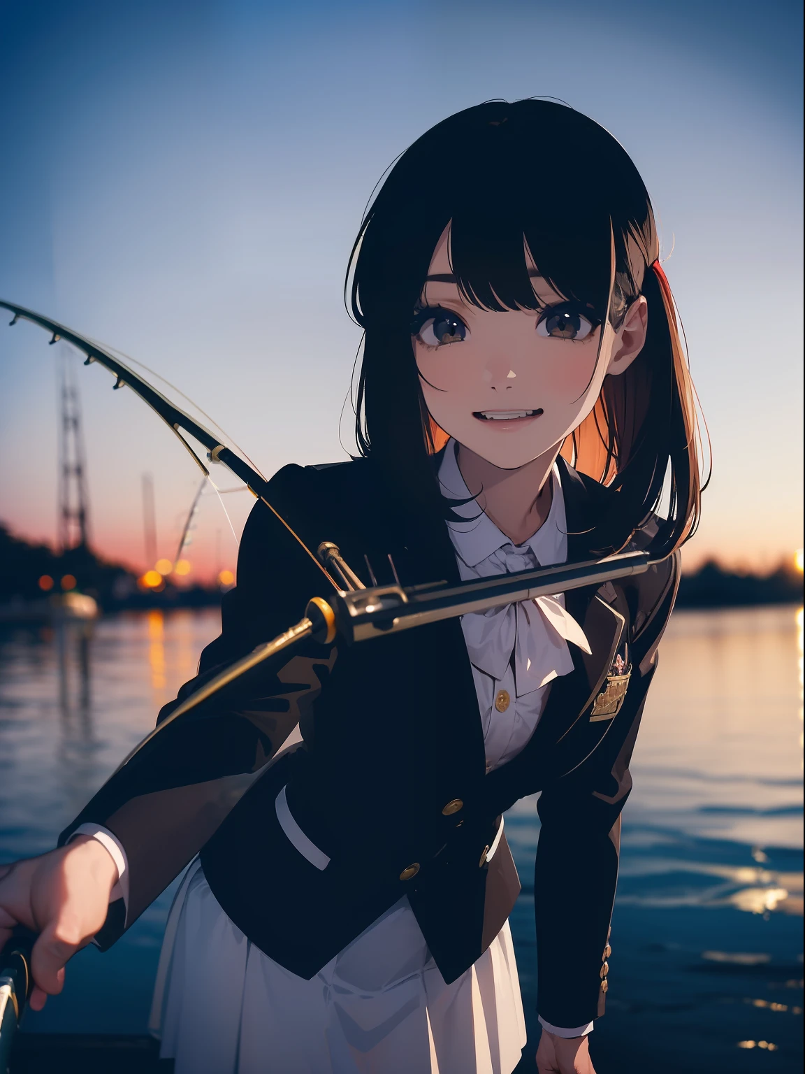 ((((Having a fishing rod with a reel by the lakeside)))),((Best Quality, masutepiece :1.3)),((( Large Mouth Bass))),hight resolution,ultra-detailliert,Beauty and aesthetics,masterpiece,best qualtiy,(1 Japanese woman),Black hair, long eyeslashes, Solid Circle Eyes, smile, drop shadow, Atmospheric perspective,Super Detail, ccurate, small brest,(Black jacket :1.1),top-quality, absurderes:1.2, blurry backround, bokeh dof:1.2, a picture, (masterpiece:1.3), (intricate detailes:1.2), Atmospheric perspective,Super Detail, ccurate,