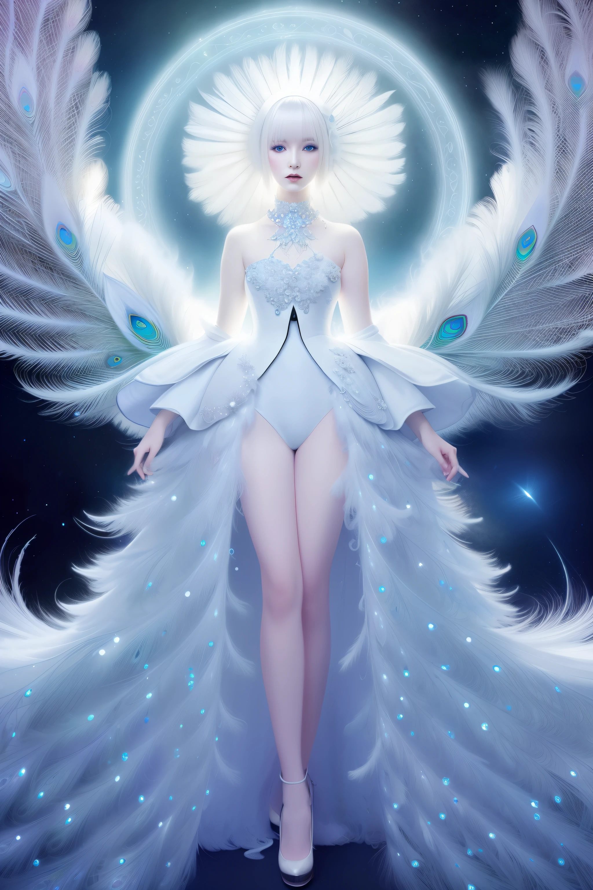 Albino woman wearing starry colored white peacock feathers, in the style of natalie shau, naoto hattori, jessica drossin, dreamlike, ethereal, harmonious color palette, dark white and light azure, spirals, flickr —ar 2:3 —uplight —s 250