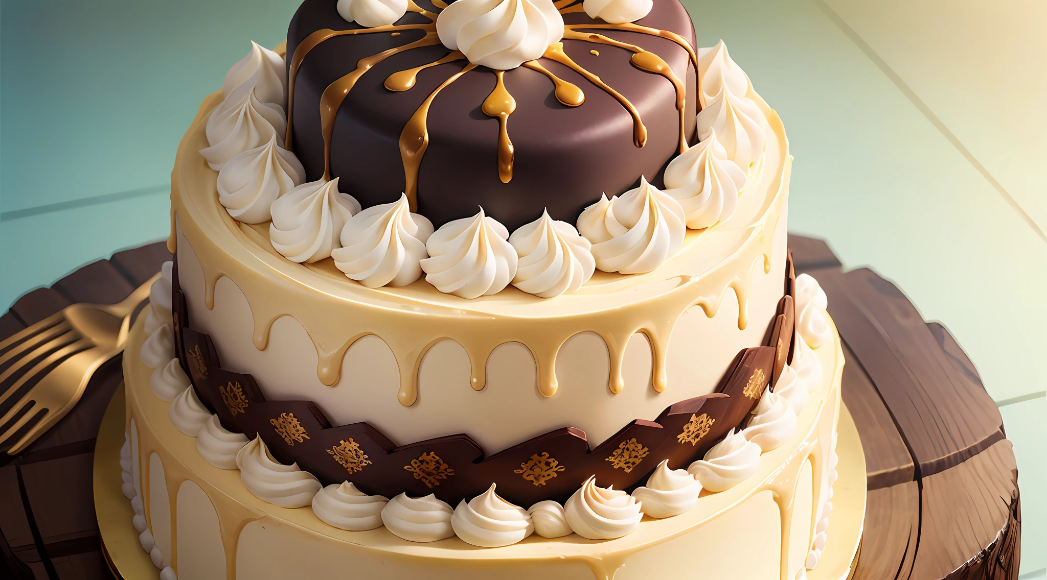 Two kilo cream cake, modern cream, Ziya decoration, eye-catching, sky blue background, height 40 cm, front view, high angle view, on a yellow table, suitable for advertising.