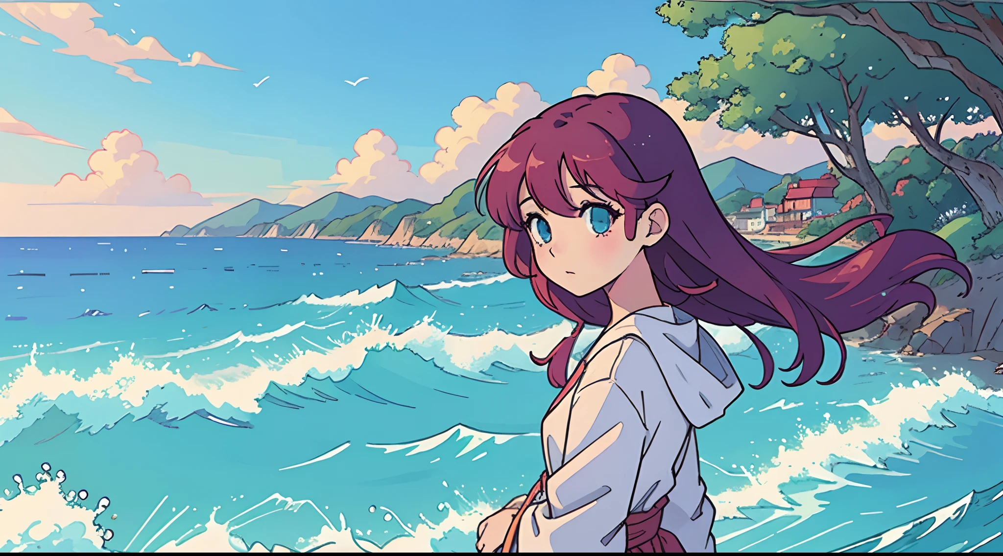 (top-quality:0.8)、(top-quality:0.8)、perfect anime illustration、Girl staring at the sea、Beautiful Landscapes、90s anime style、ghibuli style
