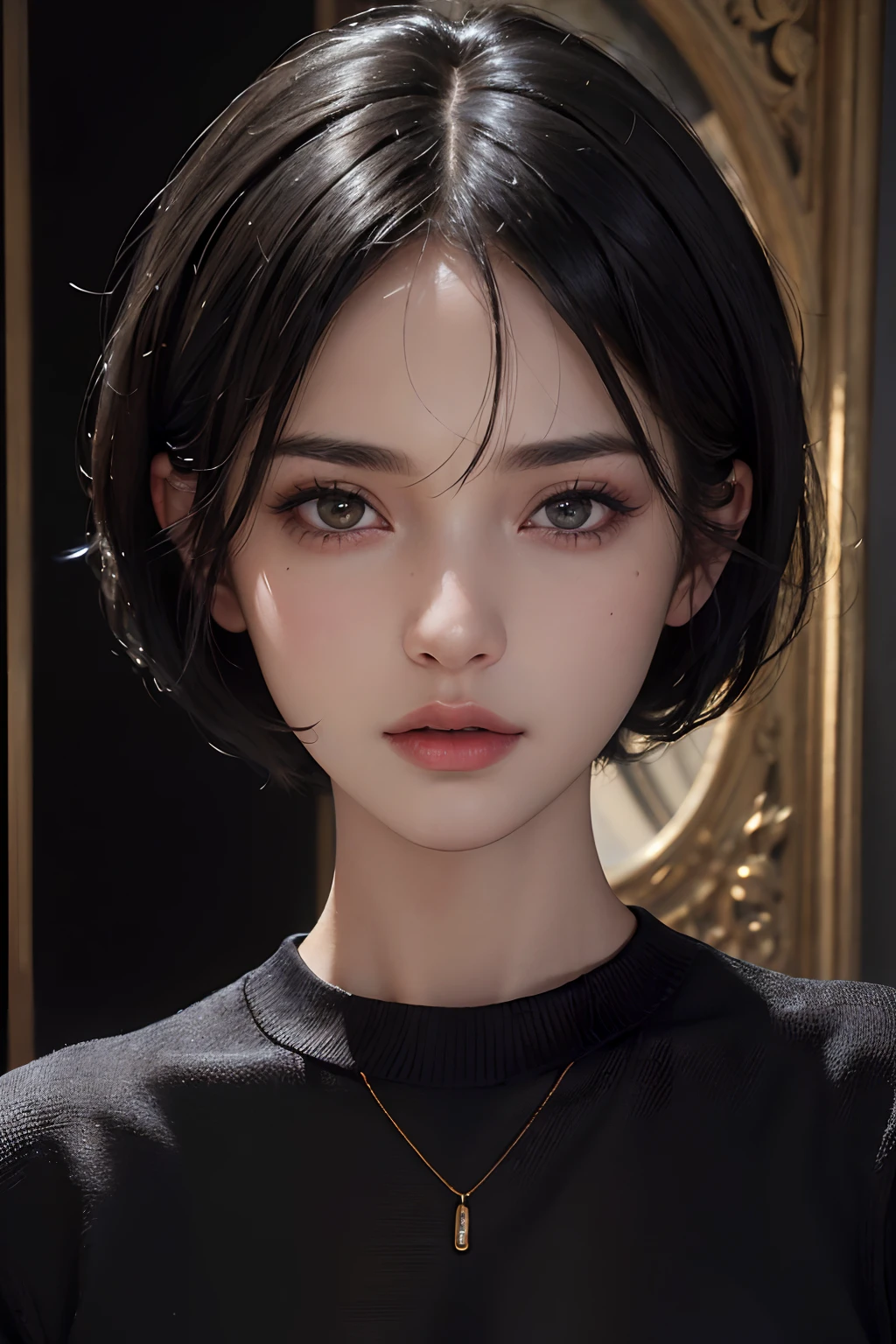 (masterpiece:1.3), (8k, photorealistic, RAW photo, best quality: 1.4), (1girl), beautiful face, (realistic face), (black hair, short hair:1.3), beautiful hairstyle, realistic eyes, beautiful detailed eyes, (realistic skin), beautiful skin, (sweater), absurdres, attractive, ultra high res, ultra realistic, highly detailed, golden ratio