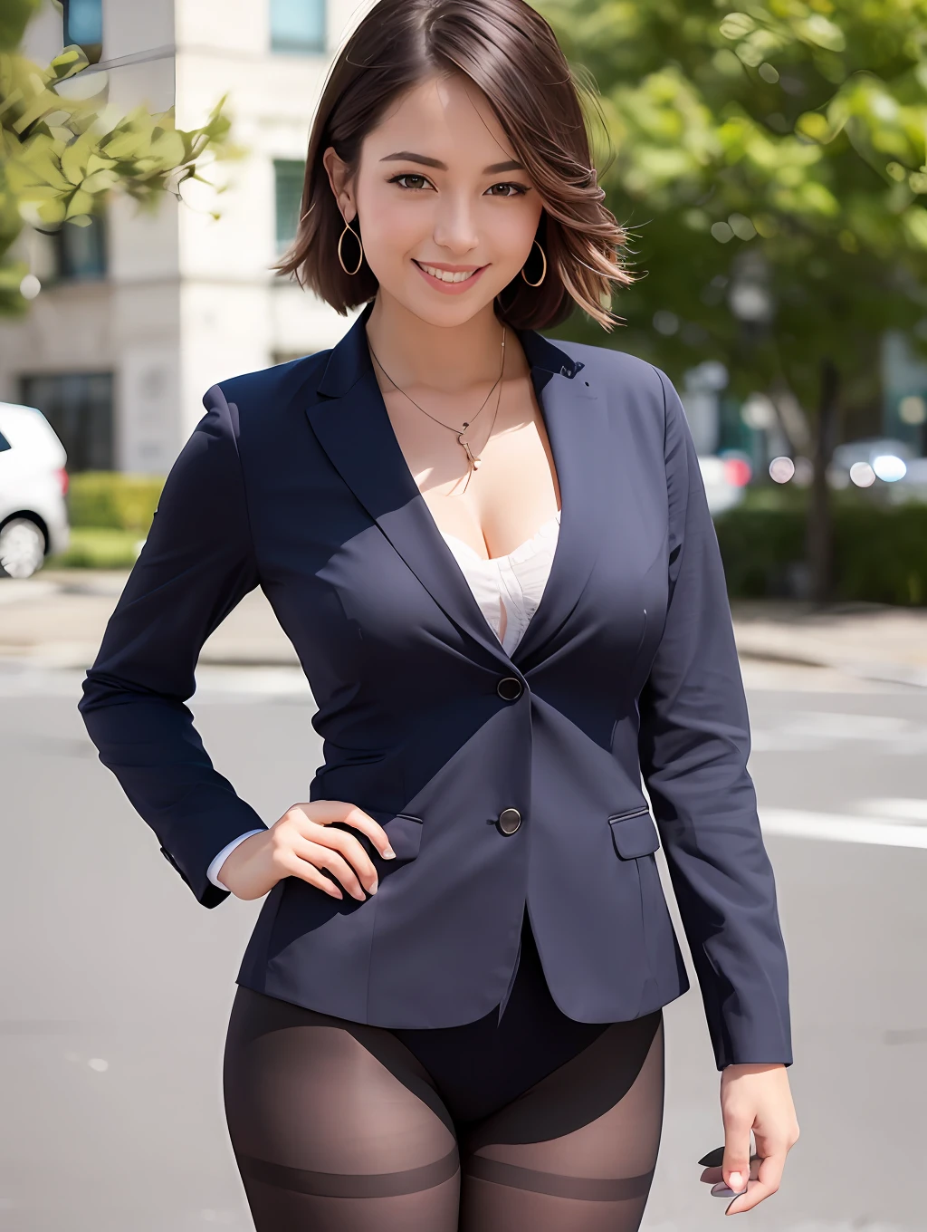 (8K, Best quality, Masterpiece:1.2),
(Realistic, photo-realistic:1.37),
Ultra-detailed,
1 girl, full bodyesbian, Outdoors, (Adjust hair:1.5)
Office Lady, black officeblazer, officeskirt, (Pantyhose:1.2), (short buttoneddownshirt:1.2), buttonedupcollarprim, buttoneddowncollarprim, Bra, (Pantyhose:1.2), alphalayers, high-heels,
Beautiful earrings,
Cute,
Solo,
Beautiful detailed sky,
(Smile:1.15),
(Closed mouth),
Small breasts,
Beautiful detailed eyes,
Business attire,
(Short hair:1.2),
Floating hair NovaFrogStyle,