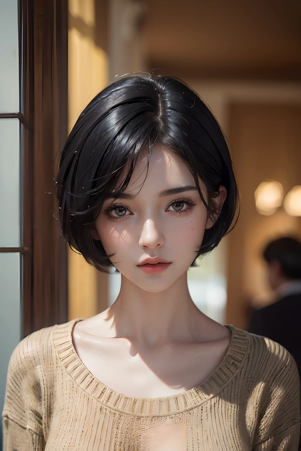 (masterpiece:1.3), (8k, photorealistic, RAW photo, best quality: 1.4), (1girl), beautiful face, (realistic face), (black hair, short hair:1.3), beautiful hairstyle, realistic eyes, beautiful detailed eyes, (realistic skin), beautiful skin, (sweater), absurdres, attractive, ultra high res, ultra realistic, highly detailed, golden ratio