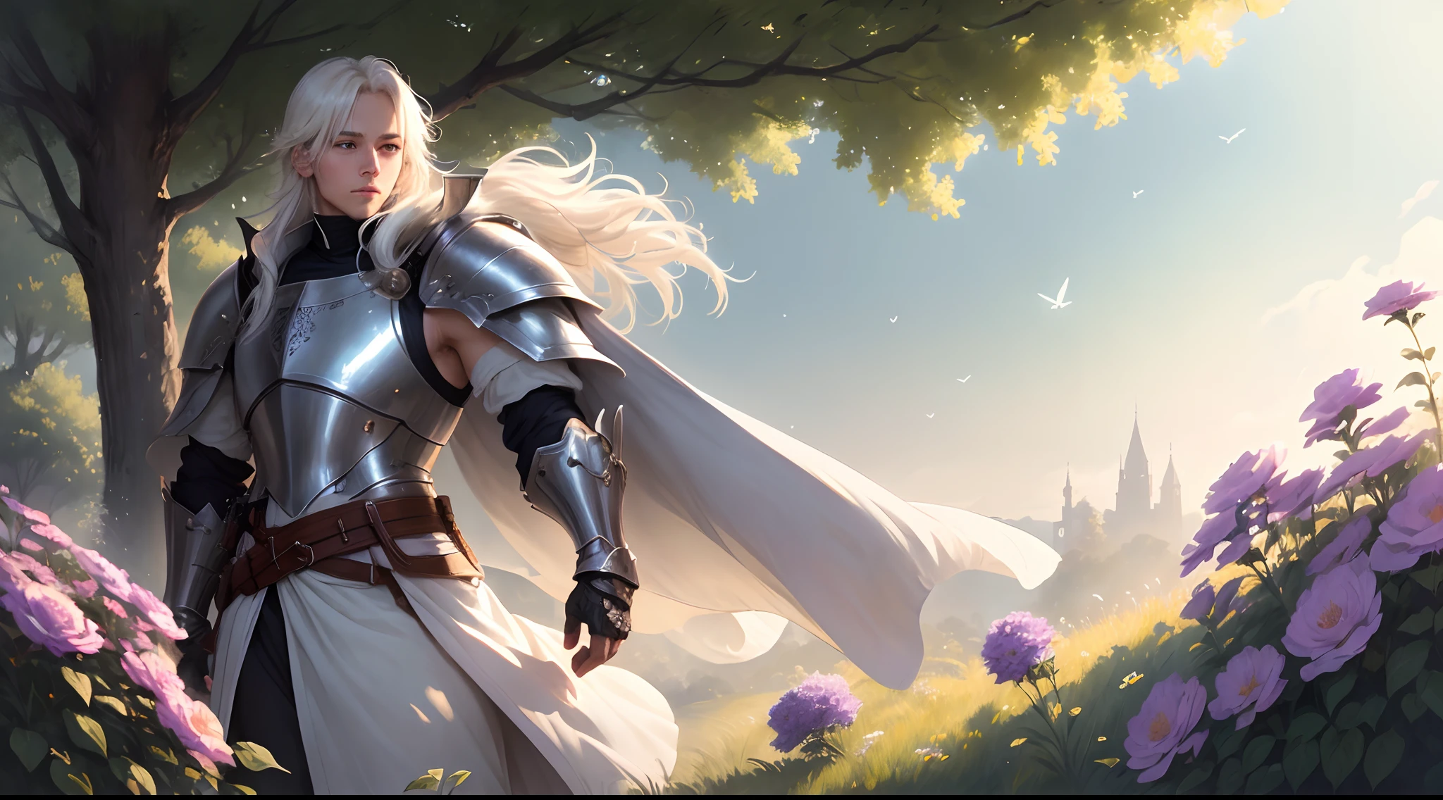 Original Man Character, Fantasy Concept Art, Volumetric Lighting, Best Shadows, Shallow Depth of Field, Portrait Of Noble Knight Man, Dignified, Delicate Tactical Heavy Armor, Opaque Visor, Face Armor, Pauldrons, Tasset Belt, Gauntlet, Poleyn, High Quality Armor Texture, Broad Shoulders, Extremely Tall. Sword Scabbard, Standing Tall, Crossed Arms, Looking At Viewer, Glaring Sunlight, Rose Garden, Rose Thornbush, (Highest Quality, Amazing Details:1.25), (Solo:1.3), Brilliant Colorful Paintings A soft, watercolor backdrop in muted shades of lavender, sky blue, and pale gold represents the early morning sky. Positioned centrally is a delicate silhouette of a lark, its wings outstretched in mid-flight. Below, gentle strokes depict a meadow, with hints of dewdrops glistening on grass and the faintest impressions of dragonflies hovering above. The overall effect is dreamy, ethereal, and deeply calming. best quality, ultra high res, 1girl, sleeveless white button shirt, black skirt, black choker, cute, (Kpop idol), (aegyo sal:1), (platinum blonde hair:1), ((puffy eyes)), looking at viewer, full body, facing front