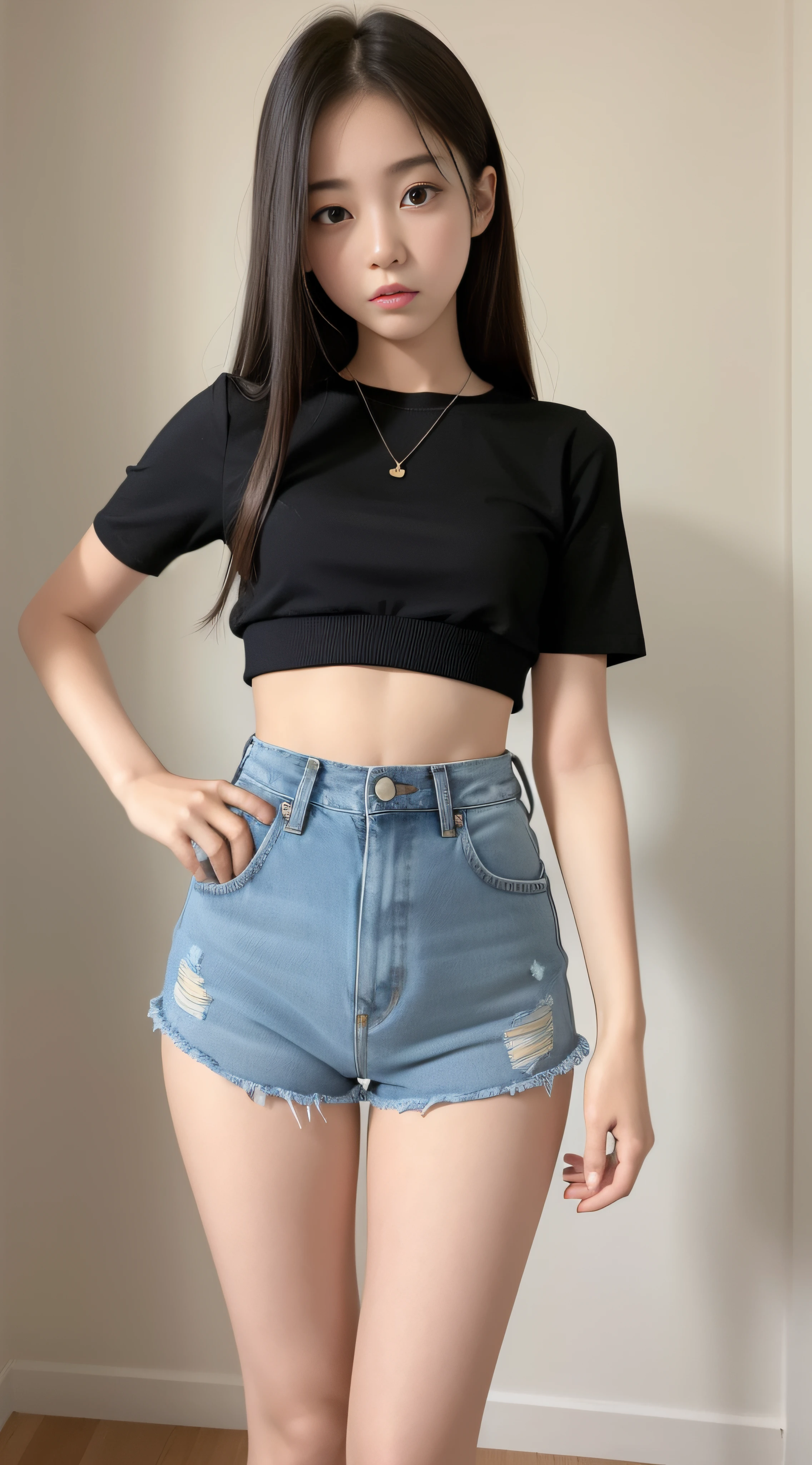 girl,High-waisted clothes,Denim super shorts,being thin,Very small chest,long leges