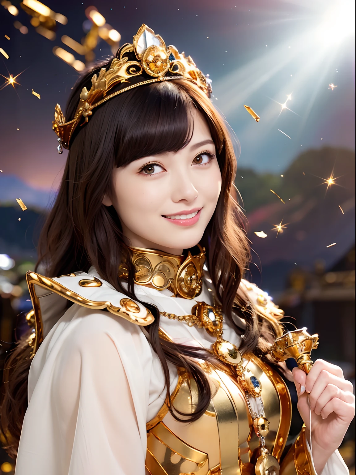(masutepiece), Professional , ​masterpiece、top-quality、photos realistic , depth of fields （Gemstone Silver Metal Body:1.９),(Matte White、Particles of light、Jewel Gold Weapon（Jewel Metal Body:1.４),Gorgeous metal weapons , Detailed Sword of the Brave , Beautiful knife   ,warhammer 40k , adepta sororitas,Detail and ornate jewel crown、Black hair、Gangle's forest background、Beautiful Caucasian beauty、１a person、dynamic ungle,(((Detailed and ornate diamond crown)))、Smaller head、A smile、sexypose、（Gorgeous castle background）、