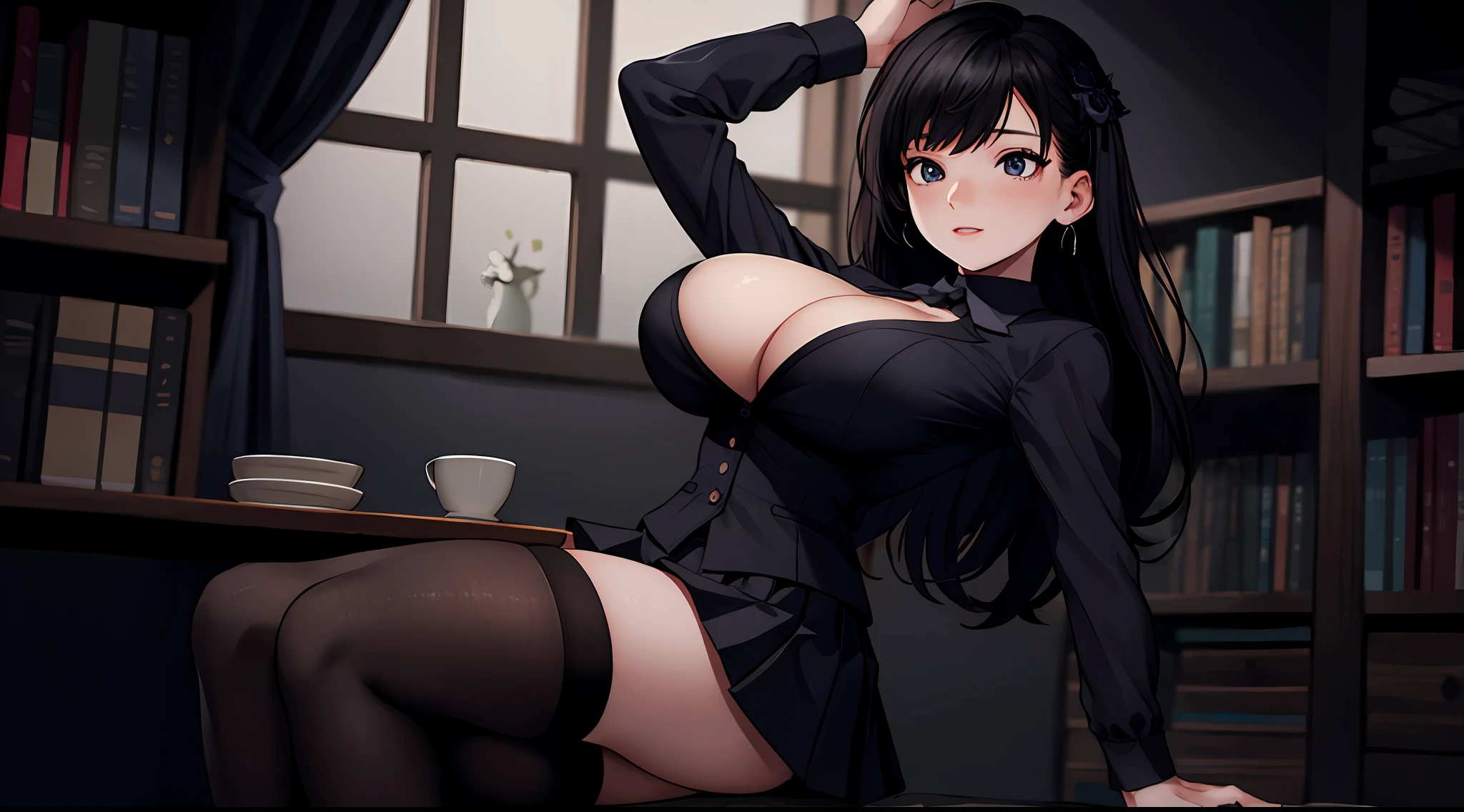 masterpiece, best quality,1girl,dark theme, mini skirt, cleavage, big breast