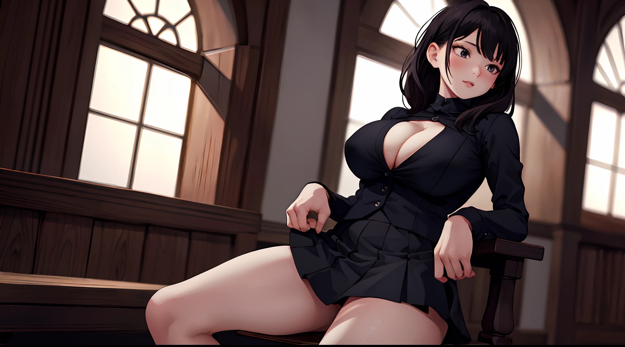 masterpiece, best quality,1girl,dark theme, mini skirt, cleavage, big breast