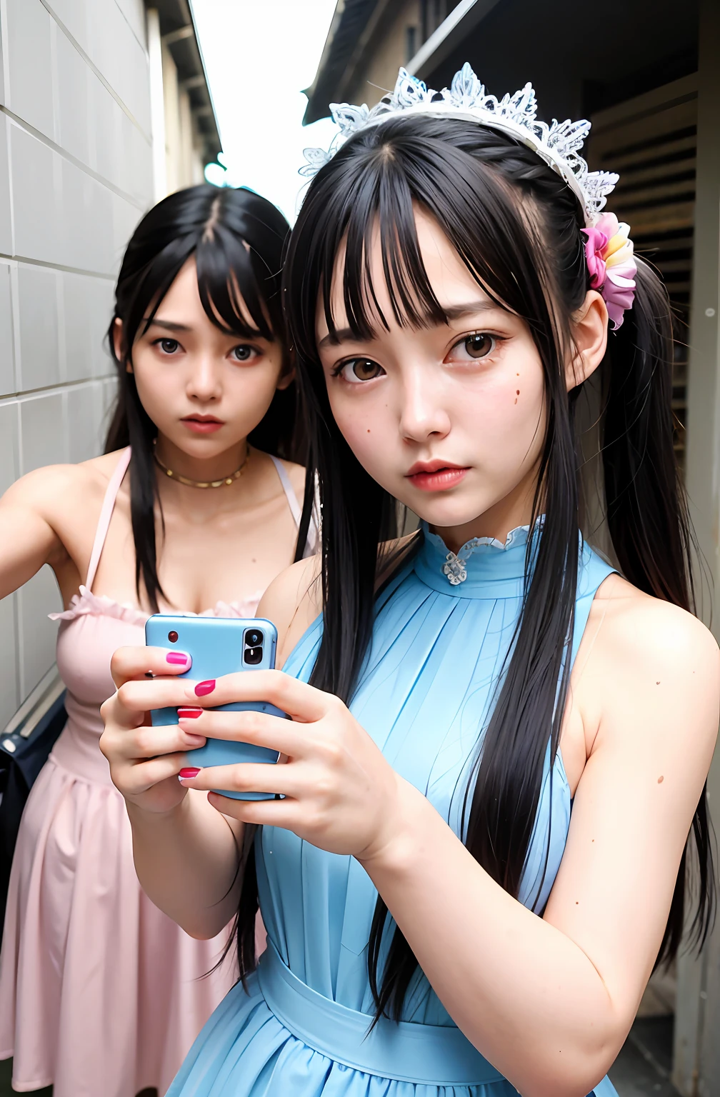 shukezouma, rendering by octane, hdr, (ultra - detailed:1.15), (Soft light, Sharp:1.2), (((duo,Two women in costume take selfies on the street,colorful pigtail, anime cosplaying,))),Beautiful girl, hyper detail eyes, mature, Painting drops, paint teardrops, woman made up from paint, entirely paint, splat, Splash, Long colored hair,paint bulb,paint drops, Exposed shoulders, Tears,shoulders are visible, Thighs exposed, seminude, focus onface, Beautiful face, eye shadows, Dark circle contour, russian face, Russian girl, mascara, Beautiful, 18yr old