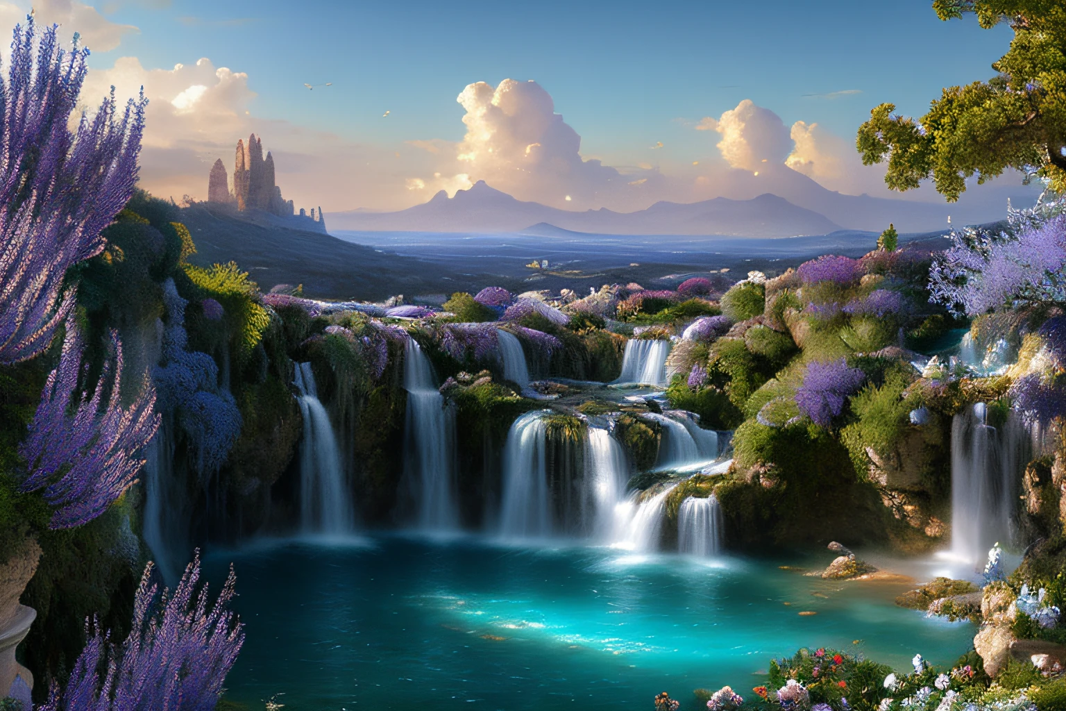 Paysage, bleu profond,glycine,cascades, Eau cristalline, ciel azur lumineux, ,(Highly detailed CG Unit 8k wallpaper), The most beautiful work of art in the world, Professional majestic oil painting, complexe, High detail, mise au point nette, dramatique, Art of photorealist painting, Alma Tadema