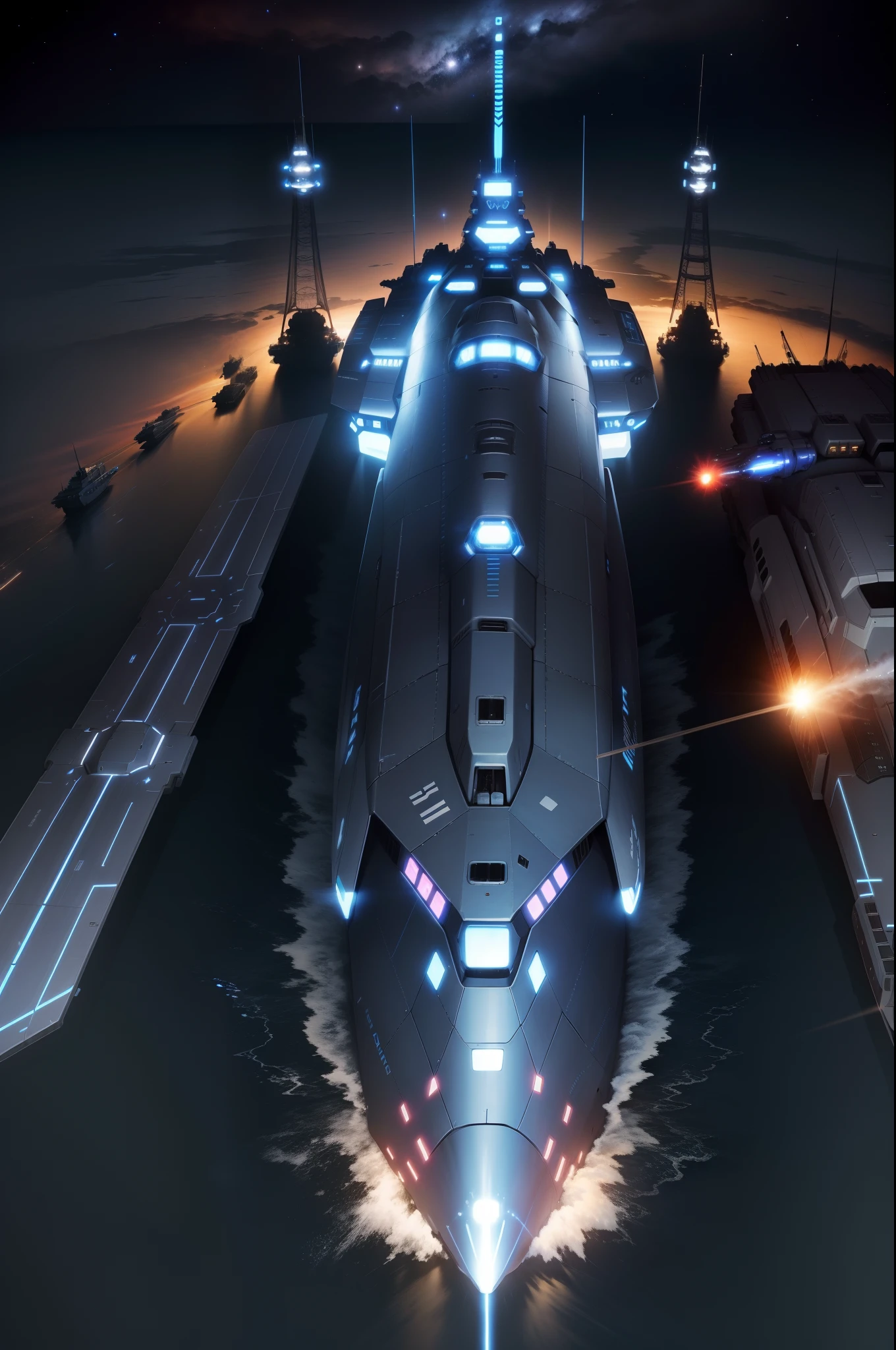 Space battleships are mainly blue and white,There is a large bridge,There are 3 electromagnetic guns in each vicinity。