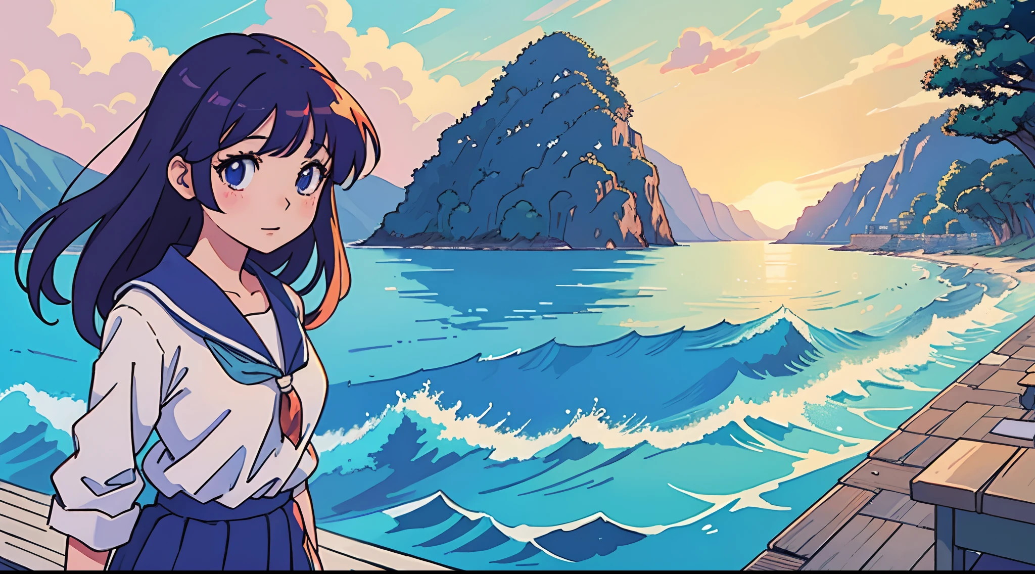 (top-quality:0.8)、(top-quality:0.8)、perfect anime illustration、Girl staring at the sea、Beautiful Landscapes、90s anime style、ghibuli style