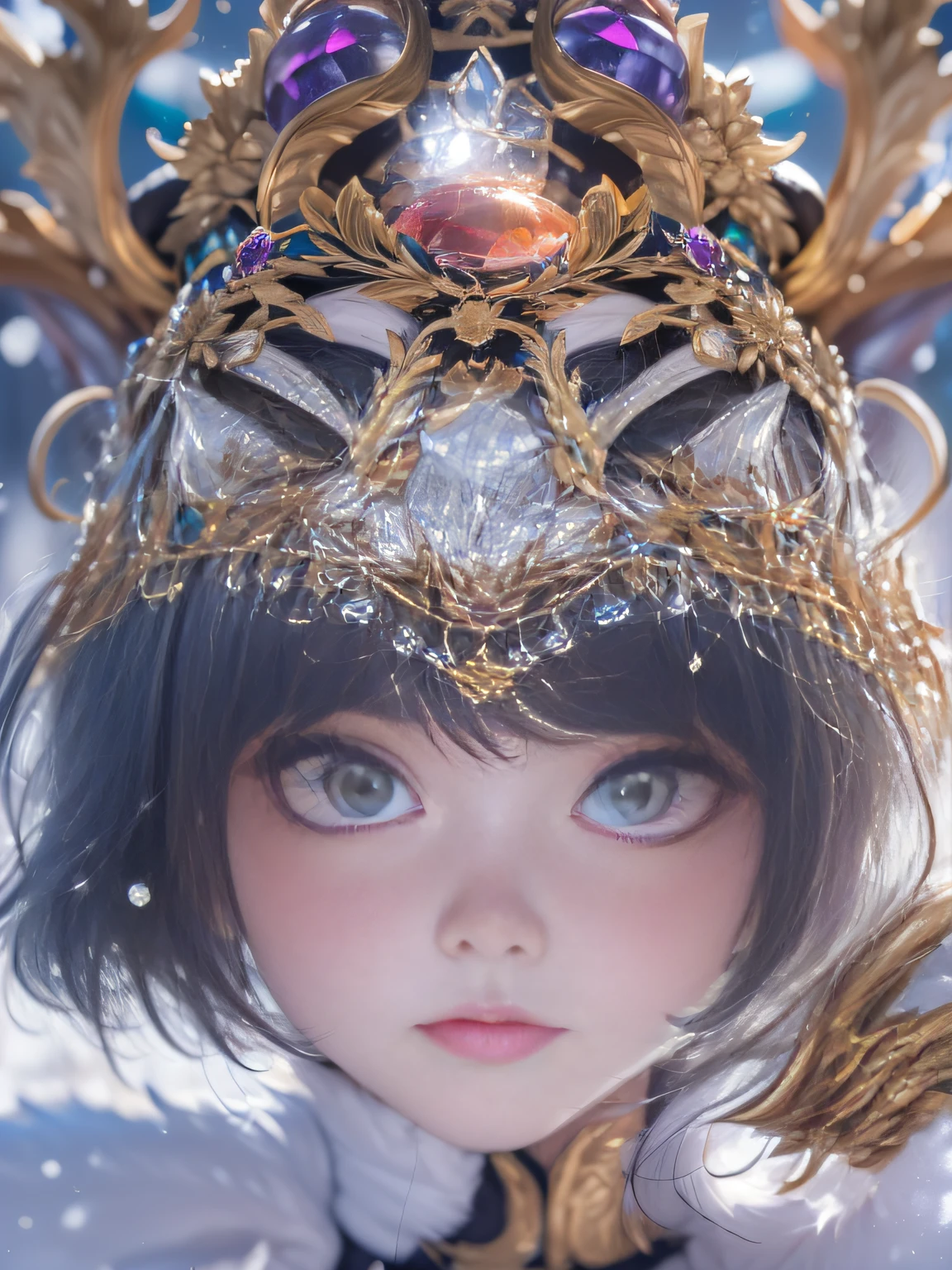 32K（tmasterpiece，k hd，hyper HD，16k）short detailed hair，Vintage train in the back room，Snow Circle Girl ，Two Golden Dragon Protectors （realisticlying：1.4），Python robe，Purple-pink tiara，Snowflakes fluttering，The background is pure， A high resolution， the detail， RAW photogr， Sharp Re， Nikon D850 Film Stock Photo by Jefferies Lee 4 Kodak Portra 400 Camera F1.6 shots, Rich colors, ultra-realistic vivid textures, Dramatic lighting, Unreal Engine Art Station Trend, cinestir 800，