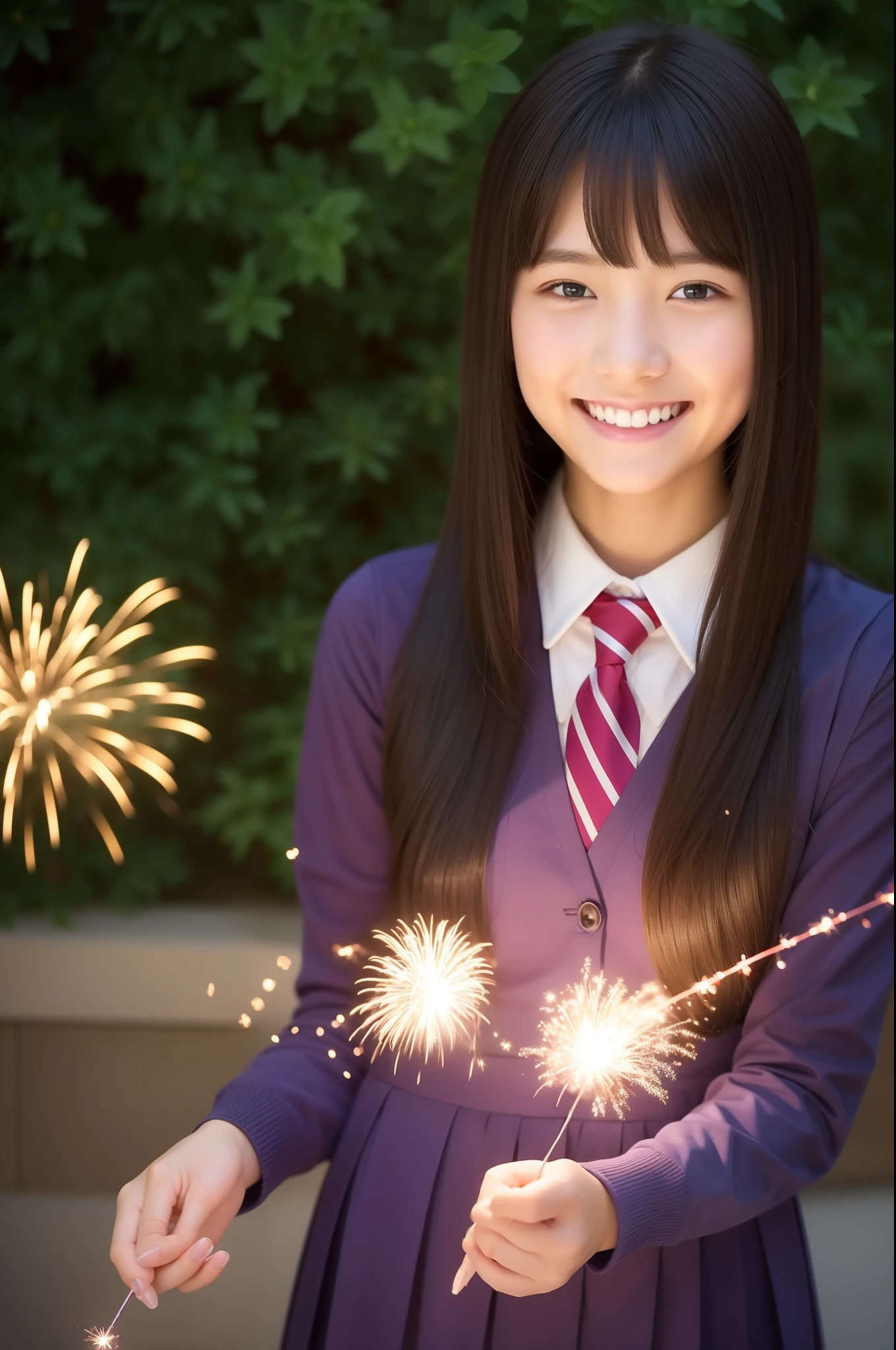 A smile、a beauty girl、hi-school girl、While doing fireworks
