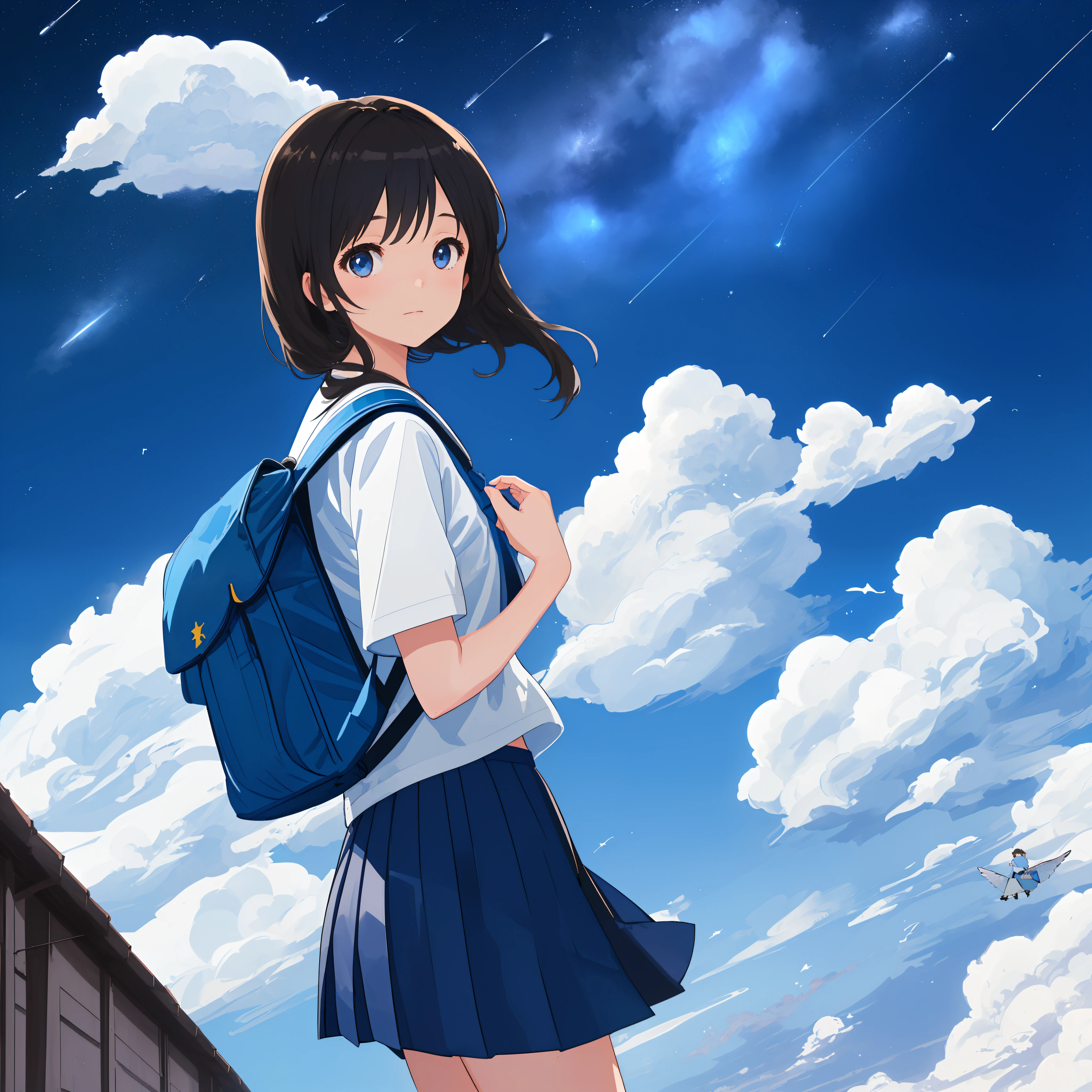 One girl under a blue sky with shooting stars、(Beautiful clouds、a bird)、hi-school girl、校服、backpack