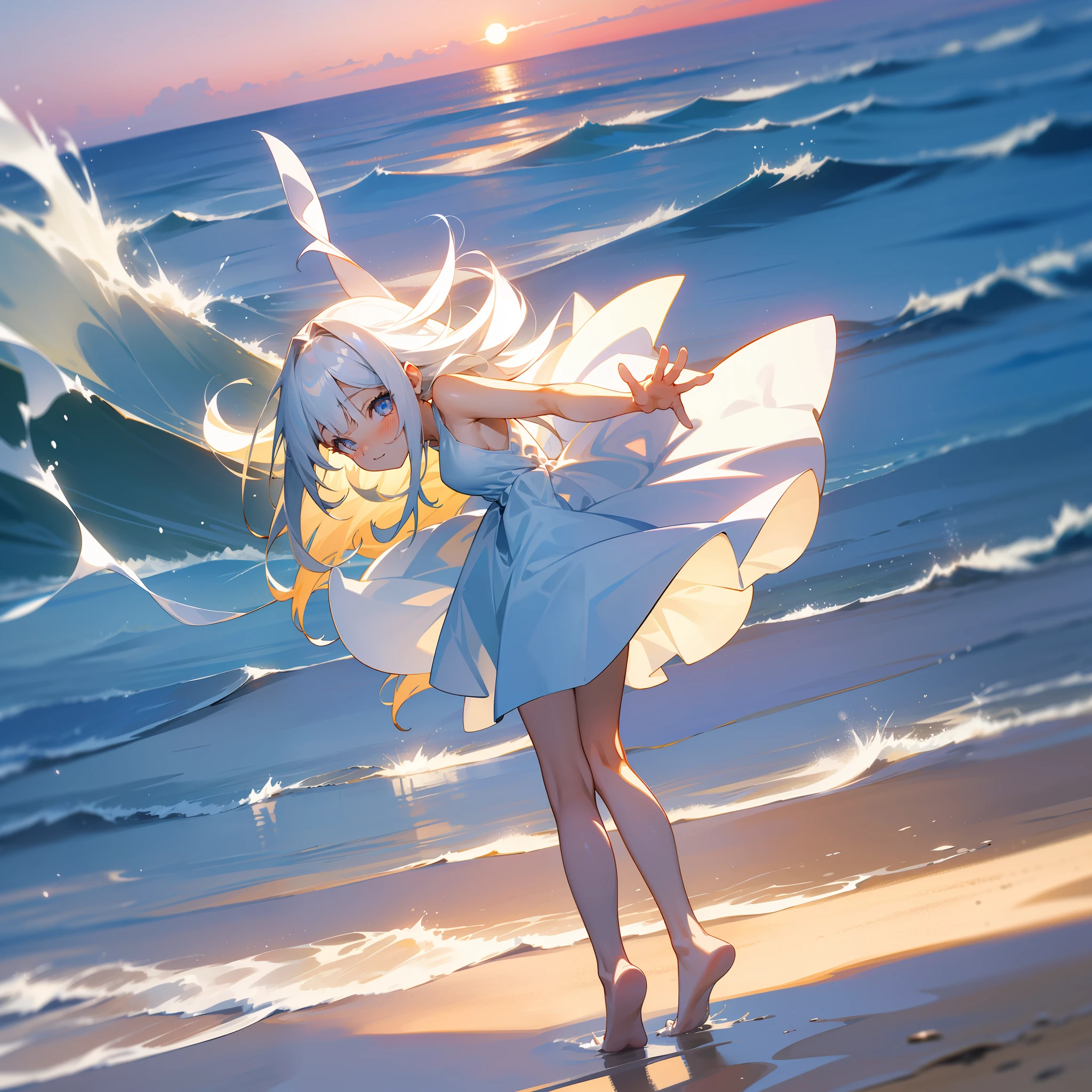 (tmasterpiece) Under the setting sun，A young girl stands quietly on the beach。Her hair was as white as silver，Swaying with the breeze，It exudes a faint fragrance。Her eyes were as bright as rubies，The pupils flashed with a mysterious light。She had a warm smile on her face，It's like having endless happiness。She wore a crisp white shirt，Simple and elegant，It sets off her pure temperament。She wears it with a short light dress，Show her young and lively side。She was barefoot，Step on the soft sand，Feel the sea breeze，It's as if you're at one with nature。