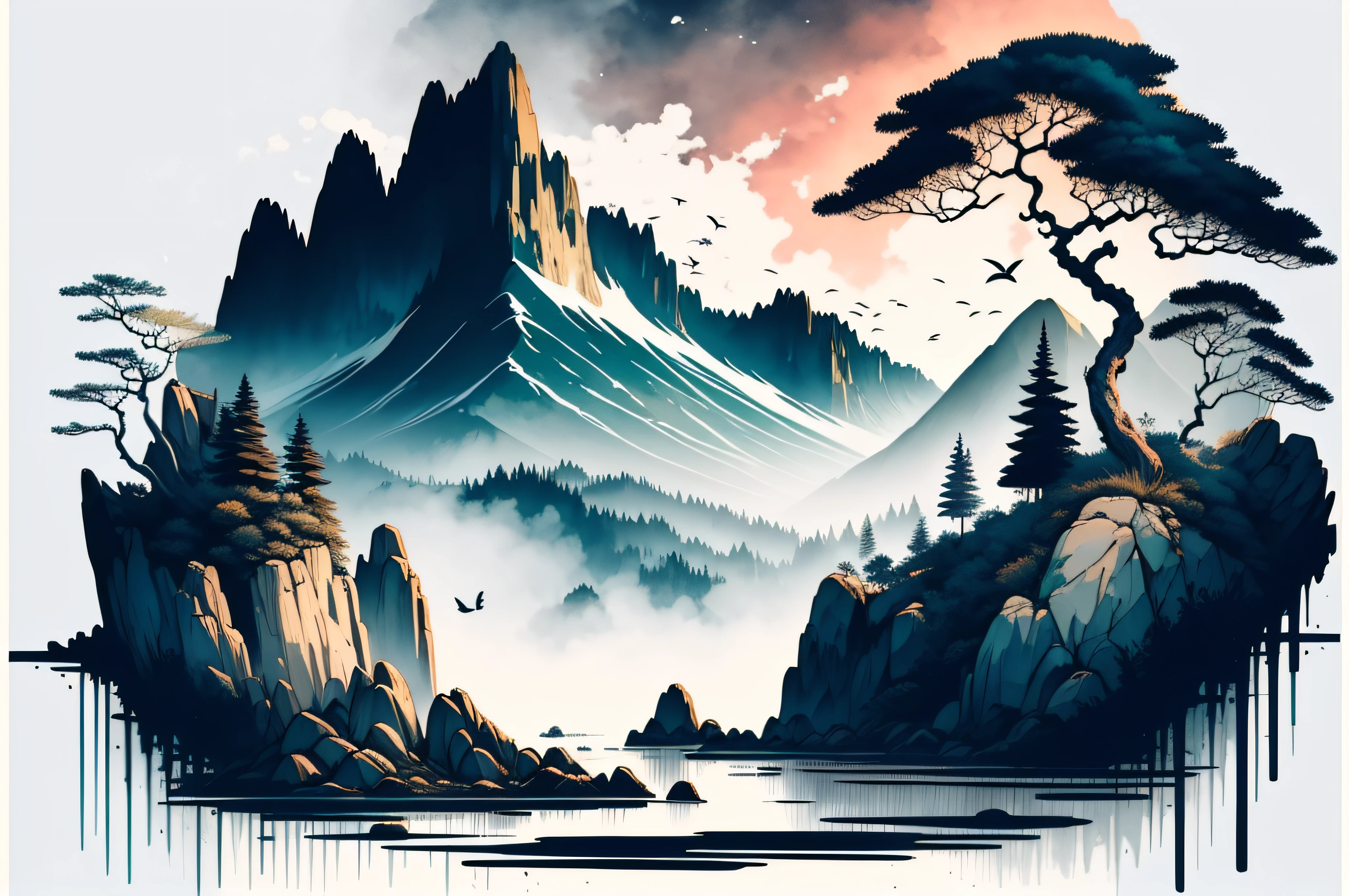 ink and watercolor painting,(Black and white tones:1.6),Ink stains,Birds fly in the sky,Fish leap on the surface of the water,wood bridges,pedestrians,Countless peaks,Steep peaks,sheer cliffs,Peaks like knives,pines,Welcome pine,Strange stone,Rocks,Qingming upper river map,landscape,(非常详细的 CG 统一 8k 壁纸),Image of majestic mountains,Details of rocky terrain