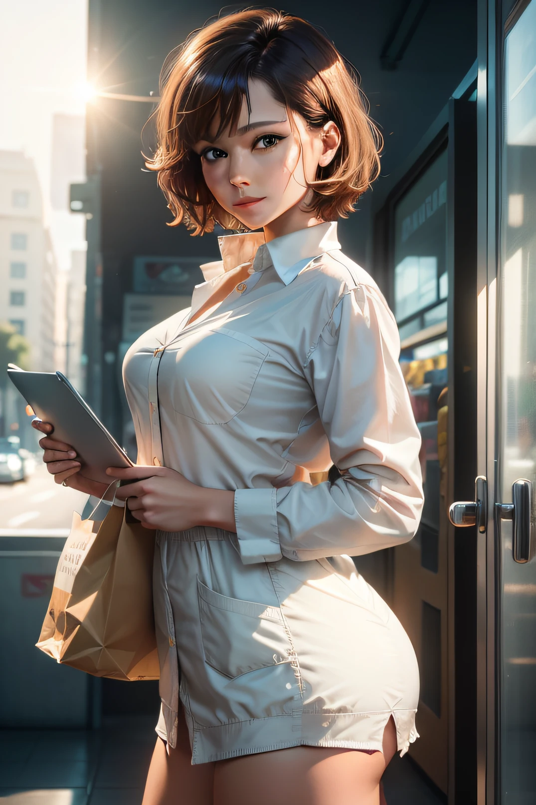 (Supermarket: 1), Afternoon, Doctor's Suit, Light Brown Fringed Short Hair, Light Brown Eyes, 1girl, Innocent, (Realism), (Fineness: 1.2), (Masterpiece: 1.3), (Best Quality: 1.4), (Ultra Resolution: 1.2), Ultra High Resolution, (Detailed Eyes), (Detailed Facial Features), HDR, 8K Resolution, (Lens Flare: 0.7), Turn Around, Busy with Inspection Report, Face Viwer, Drshe