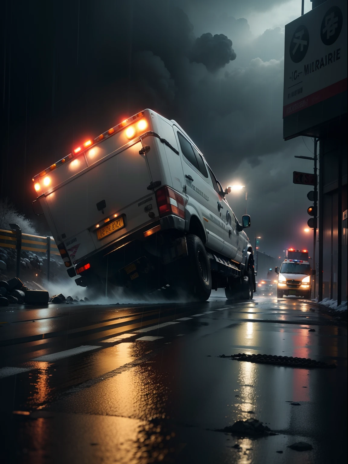 A depiction of a dark night with heavy rain pouring down. In the midst of the slippery road, a large truck is seen overturned and lying by the roadside, indicating signs of a serious accident. The spotlight from the arriving ambulance casts a bright light, while the paramedic team works swiftly and cautiously to evacuate the victims into the ambulance. The tense and action-filled atmosphere creates a dramatic and attention-grabbing scene,anime style