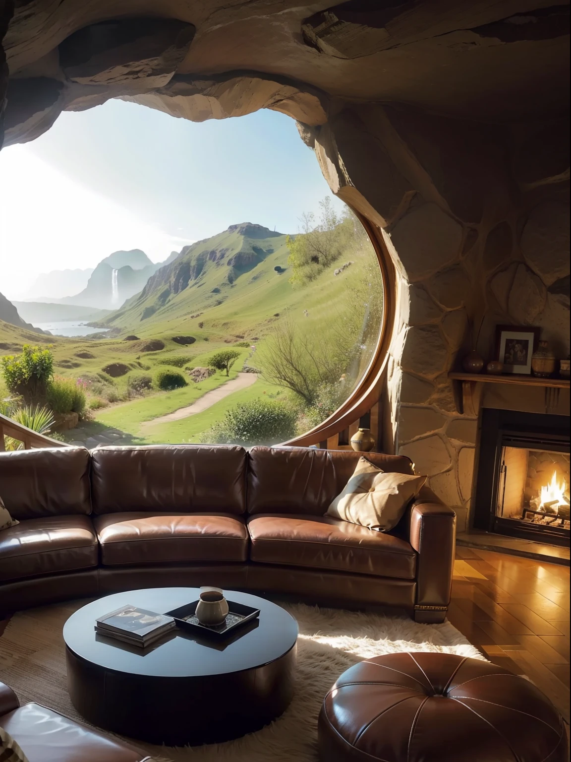 Far view, Curvilinear Cave big living room, beautiful view, sofa