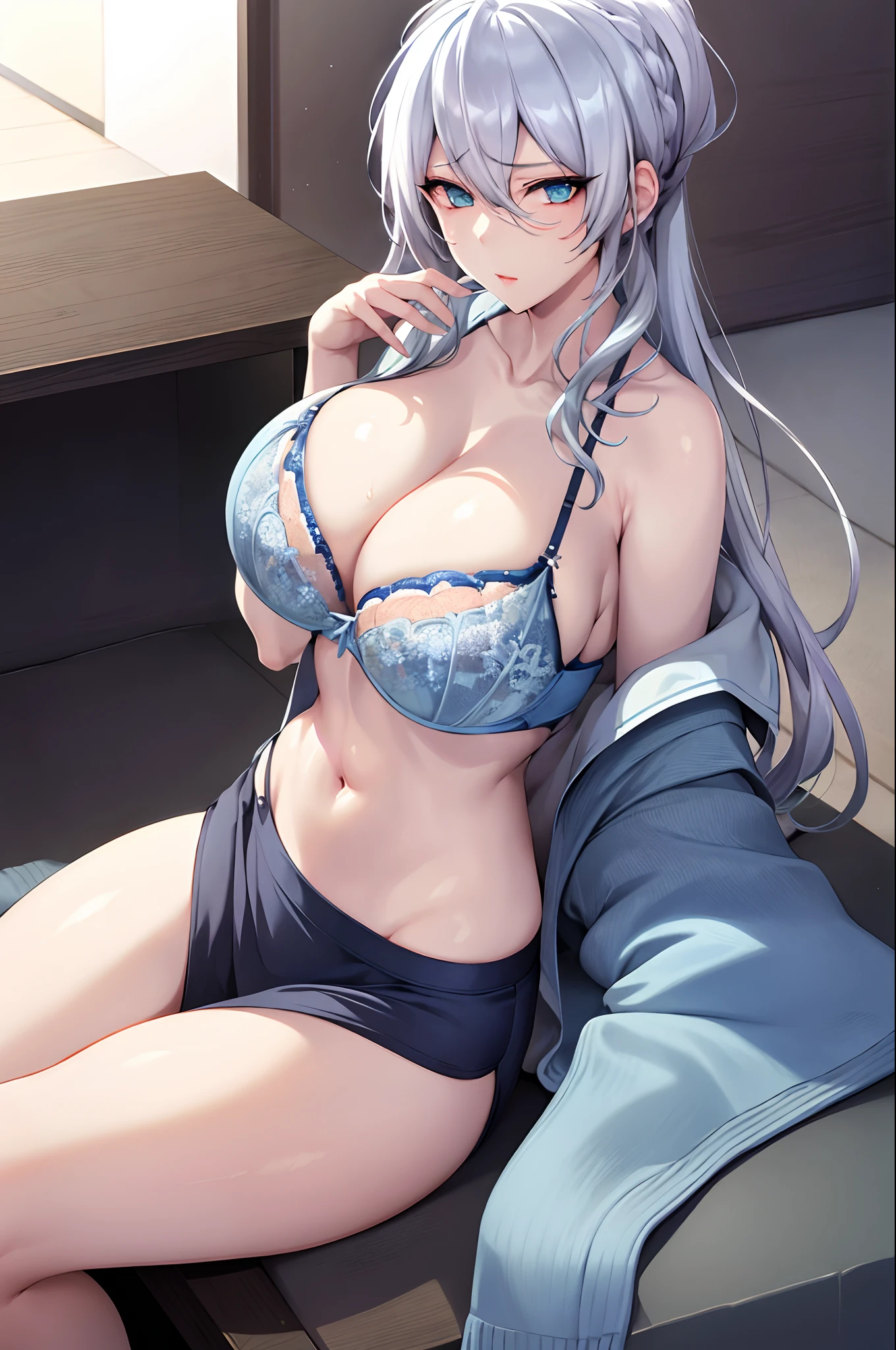 1girl, sexy breasts,silver hair, armpit, hand up, cleavage, navel, t-shirt, ((blue bra)),clothes lift, shirt in mouth, skirt, lying, full Body,sexy body,sitting