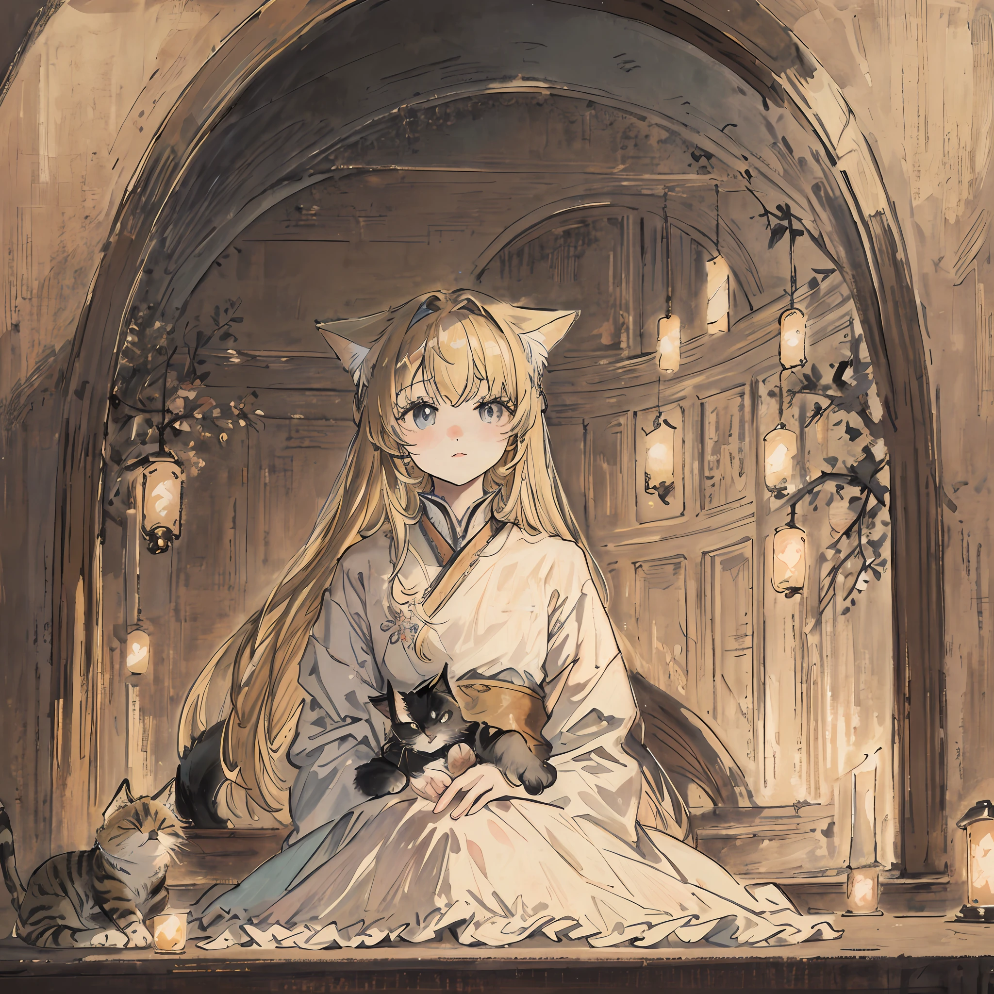Accompanied by a cat(Cute cat1、2)((masterpiece、top-quality、Very delicate and beautiful girl、extremely delicate and beautiful、world masterpiece theater1、2)、Ultra-fine、top-quality、a blond、Hi-Res、Very elaborate、girl with、top-quality、illustratio、The viewer watching、Impasto、canvas、an oil painting、realism、realisitic