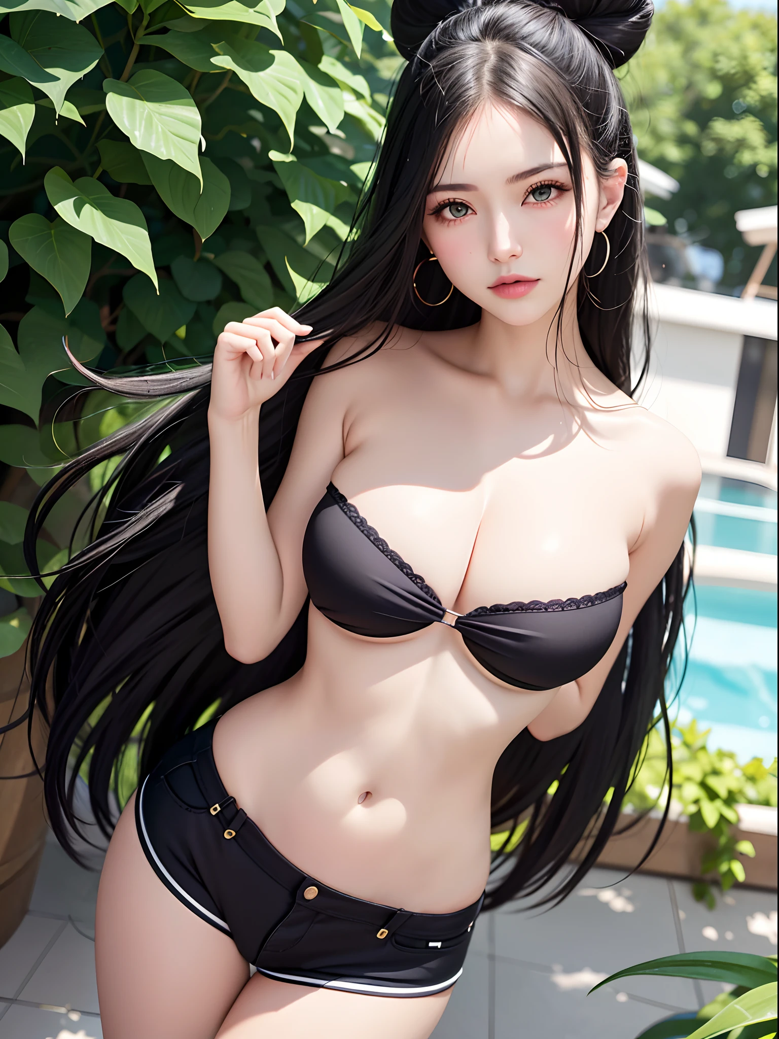 1girl, aqua eyes, black hair, closed mouth, multicolored background, looking at viewer, outdoors, solo, upper body, alluring, clean, beautiful face, pure face, pale skin, sexy pose,((tube top, off shoulder, navel, shorts)), long hair, ((perfect female figure)), mature female, milf, narrow waist, chinese deity, seductive,close up to breast