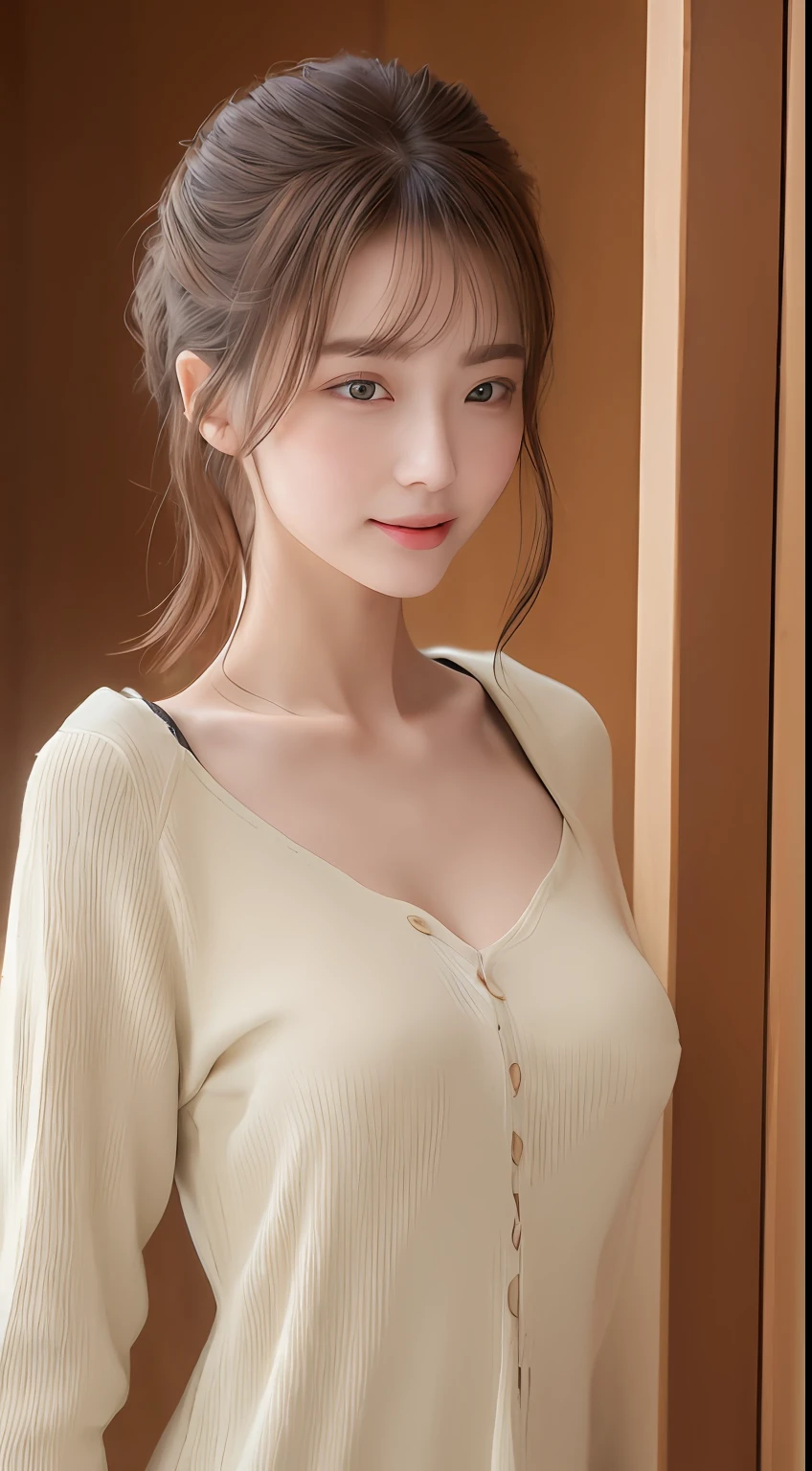 ((Best Picture Quality, 8k, tmasterpiece:1.3)), 1girl, Beautiful woman with slender abs:1.3, (Casual hairstyle, huge tit:1.2), shift dresses:1.1, Ultra-fine face, A detailed eye, 二重まぶた,Home sense of technology