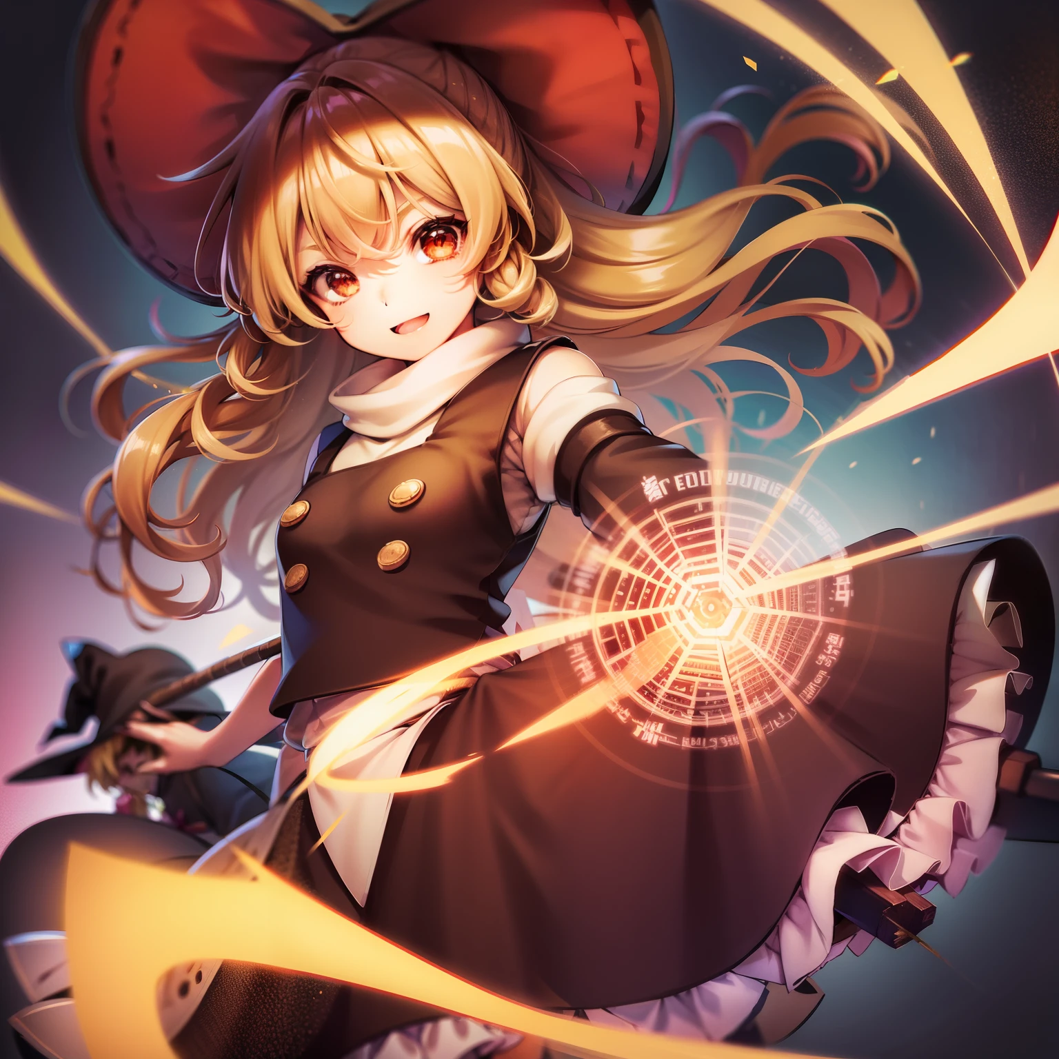 Photo of a girl dressed as a witch with a stick, 1girl in, Mixed race of Borei Reimu and Marisa Kirisame, hat, Solo, Blonde hair, style parody, Witch Hat, Red Eyes, broom, Long hair, Alfes (Style), Apron, parody, Red bow, Red bow in the cap, Full body, Smile, shoes, sarashi, Hakumine's discard, hair tubes