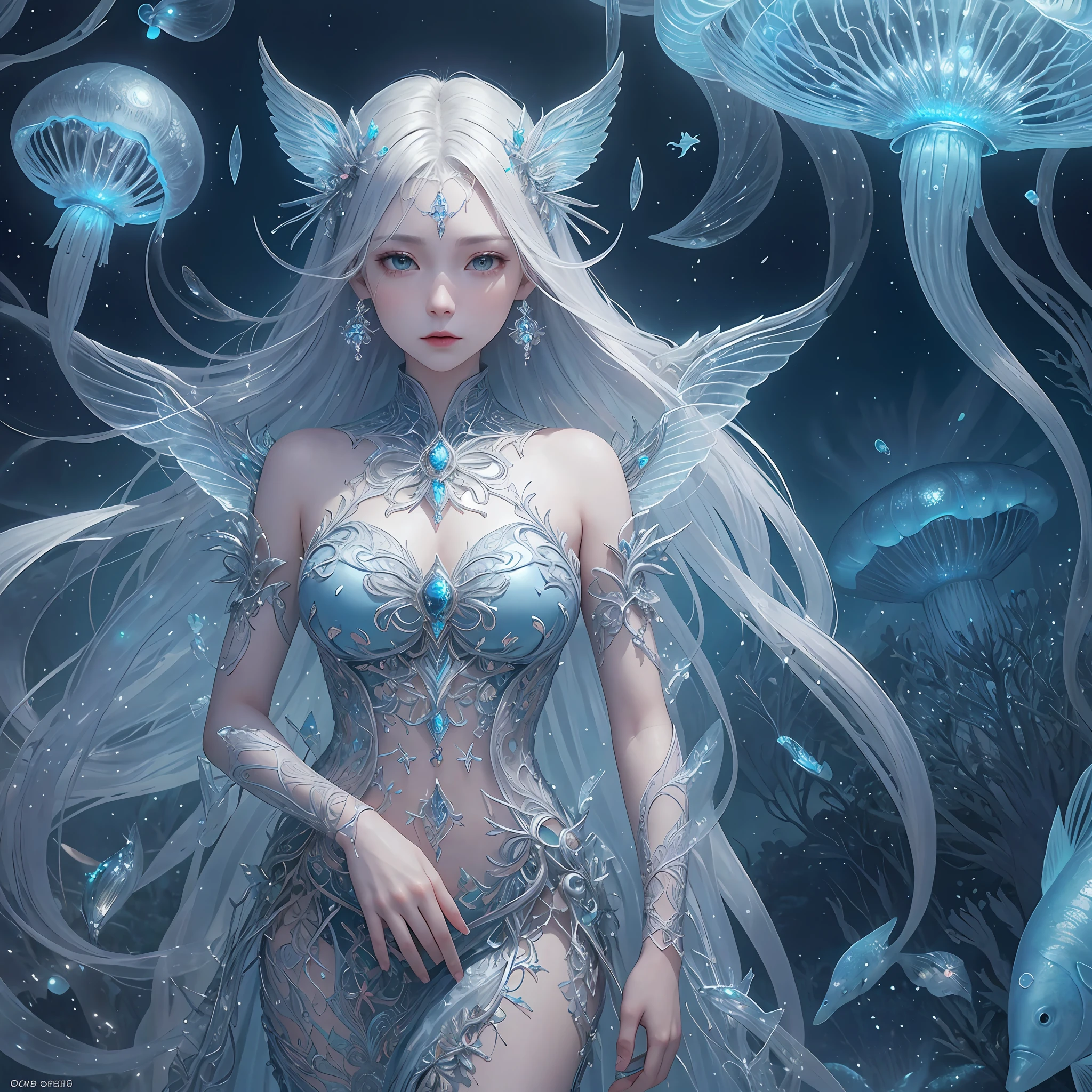 Masterpiece, High Quality, Ocean Forest, City, Fantastic Fantasy, Glowing Plants, Coral Viaduct, (Swarm of Glowing Jellyfish), (Shoal of Fish with Transparent Wings Flying in the Sky), Misty, Extreme Detail, Morning Light, Epic Composition, (Intricate Detail), (Intricate Design, Ultra Detail: 1.2), Art Station, (Masterpiece, Best Quality), Ultra HD, 32k ,castle,1girl