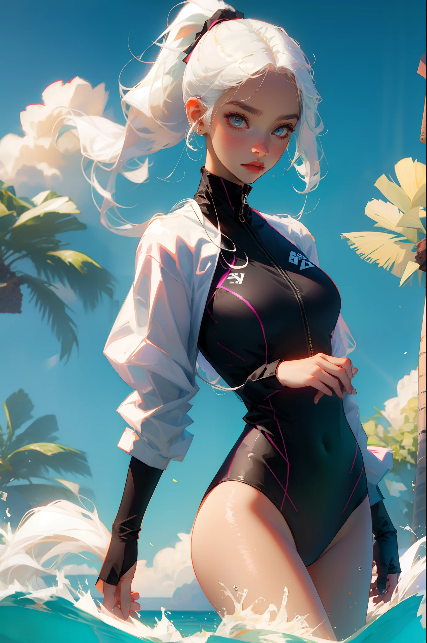 Beautiful girl with white hair and high ponytail in swimsuit