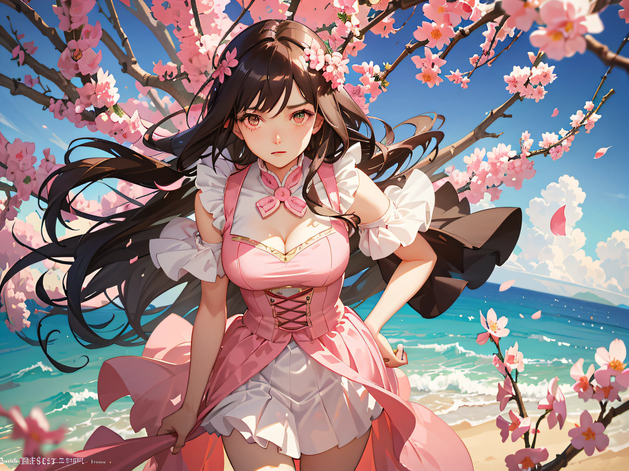 tmasterpiece,best qualtiy,the detail,1girl,with curly brown hair,closeup cleavage,brightly,Anime girl wearing pink transparent dress,Dreamy sense of art,Artgerm style with extreme detail,Lori style water splash anime!Lovely Huaifu in beautiful costumes,Digital art on Pixiv!Pink petals fall,Artgerm's collaboration with Atey Ghailan,Fanart by Kavasi and Marin Kitagawa 。