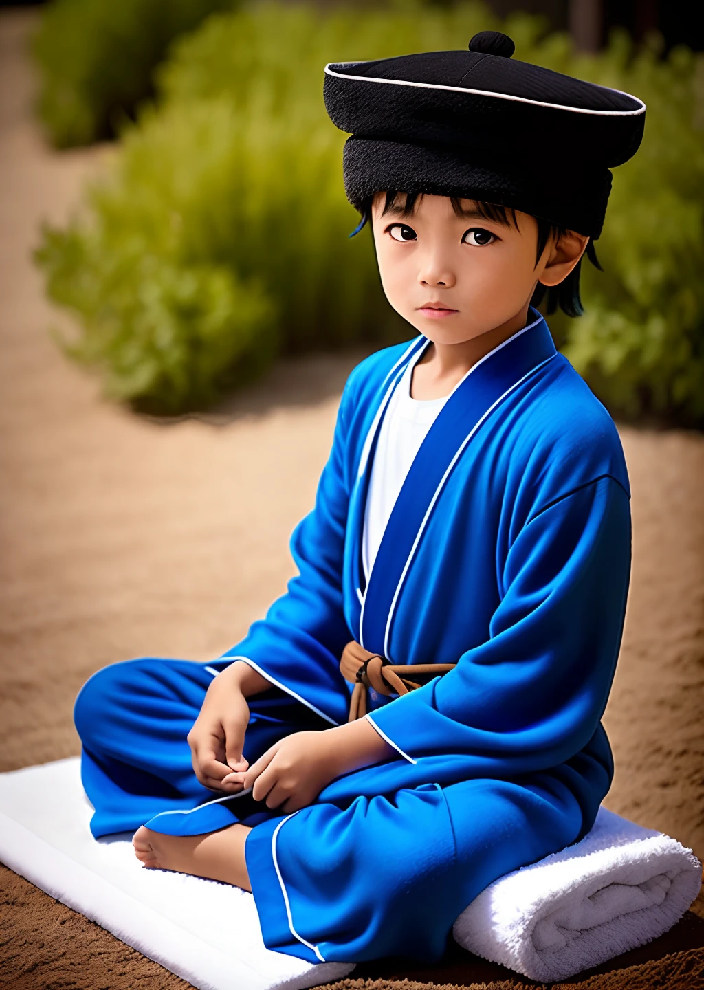 A little Taoist boy in a blue robe，With a Taoist hat on his head，Dust in hand，White and clean，Real Human，Meditate cross-legged