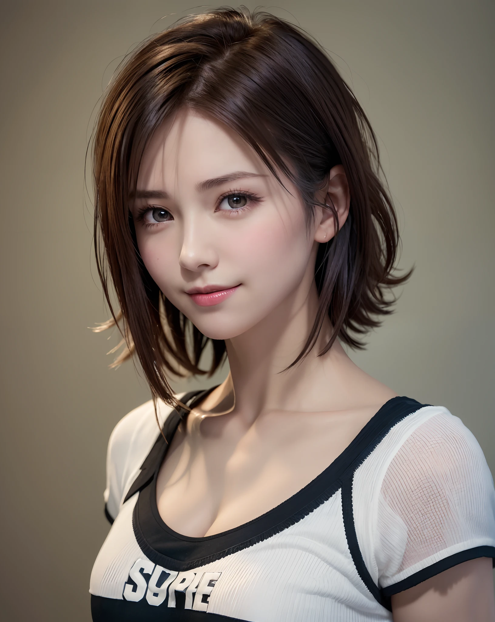 Best Quality, Ultra High Resolution, (Photorealistic: 1.4), Beautiful Eyes, Super Beautiful, Very Short Hair, Beautiful, Sweetheart, T-shirt with Rough Chest, Beautiful Soldier, Eyes That Invite Viewer, Lover's Perspective, Inviting Expression, Sexy Smile, Perfect Style, Perfect Balance, Detailed Skin, Naughty Gaze, Chest Visible