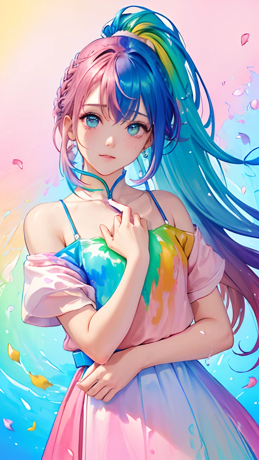(Pink fashion T-shirt:1.9)、(colourful hair:1.8)、(all the colours of the rainbow:1.8)、((((Vertical Painting:1.6)))、(painterly:1.6)、frontage、comic strip、illustratio、painterly、big eye、Sheer eyes、(Iridescent gradient high ponytail:1.7)、Exquisite makeup、Mouth closed、(Small fresh:1.5)、(Wipe Chest:1.6)、long eyeslashes、White off-the-shoulder T-shirt、White shoulder shirt、looking at the spectator、large watery eyes、(rainbow-colored hair:1.6)、 color splashes, (独奏:1.8), color splashes, Color explosion, Thick paint style, Messy lines, ((SHINES)), (colourfull), (colourfull), colourfull, colourfull, Chic paint style, (Splash) (color splashes), Vertical Painting, The upper part of the body, paint splashes, Acrylic Pigment, gradients, paint, Top image quality, Top image quality, masterpiece, 独奏, depth of fields, facepaint, colourful clothes, (elegent: 1.2), Gorgeous,length hair, the wind, (elegent: 1.3), (flower petals:1.4)、(((masterpiece)))、(((top-quality)))、((ultra-detailliert))、(illustratio)、(dynamic ungle)、((Planktonic))、(paint)、((dishevled hair))、(独奏)、(1girl in)、((Detailed anima face)))、((beautifull detailed face))、collars、bare shoulders、white hair、((colourful hair))、(((striated hair))、beatiful detailed eyes、(Gradient color eyes)、(((Colorful eyes))))、(colorful backdrop))))、((((a high chroma))))、(((Surrounded by colorful splashes)))、large full breasts