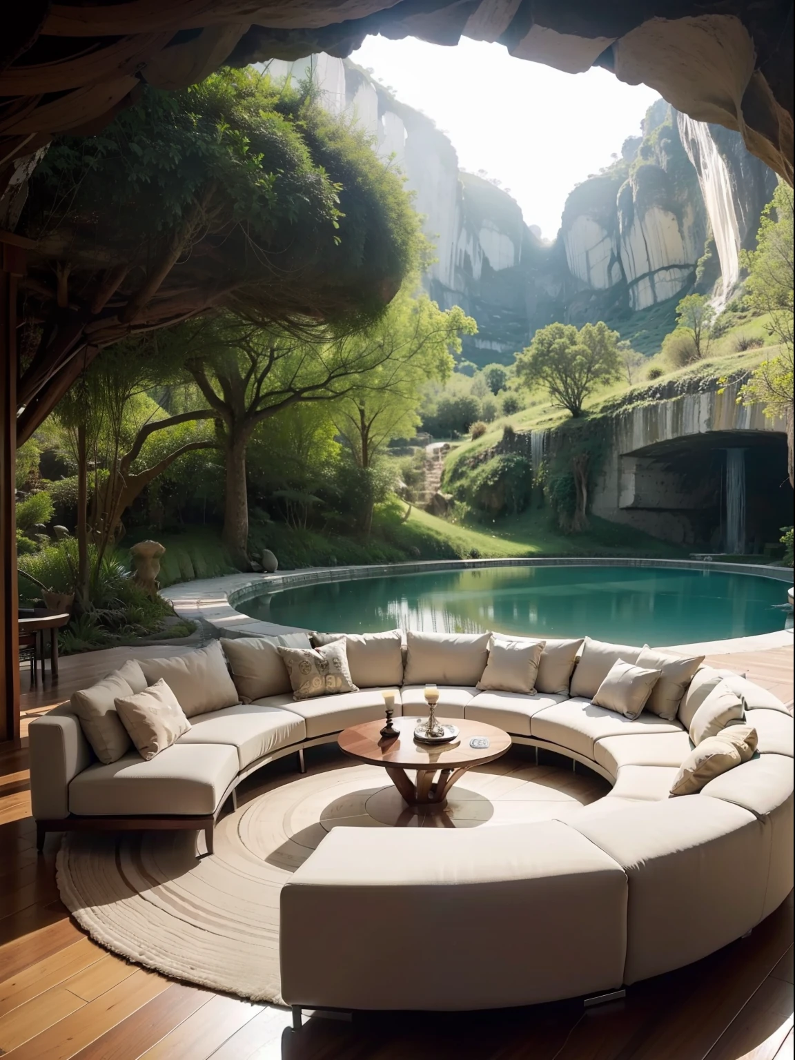 Far view, Curvilinear Cave big living room, beautiful view, sofa