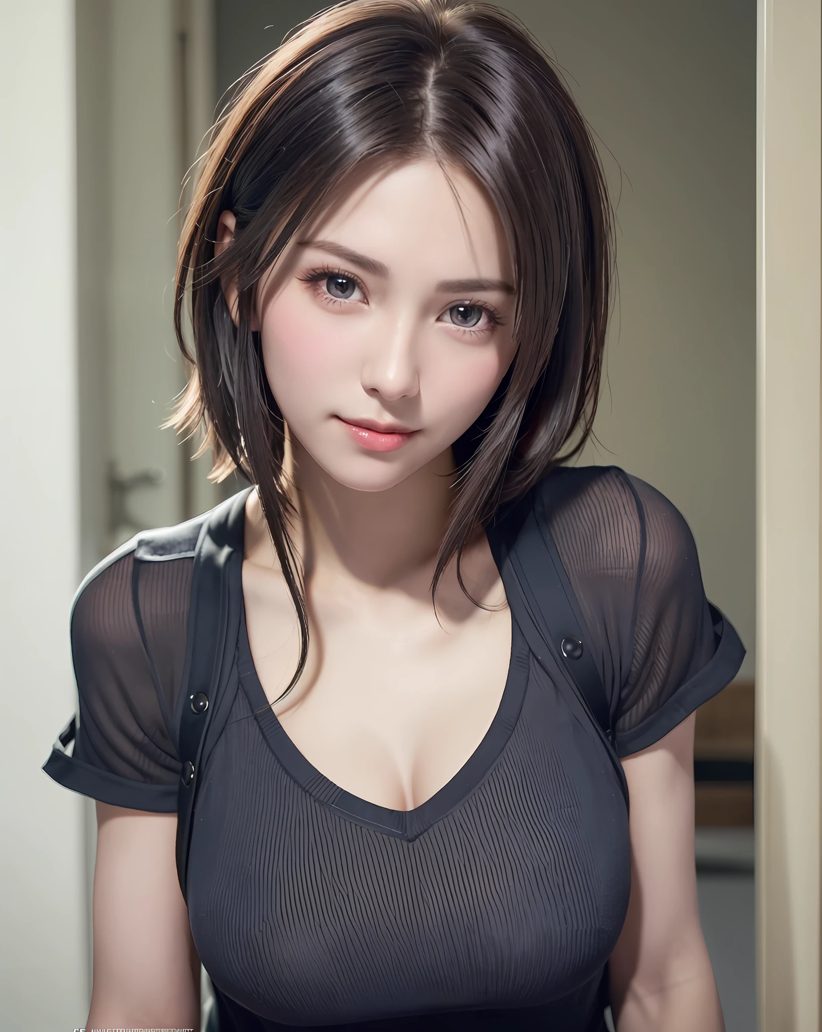 Best Quality, Ultra High Resolution, (Photorealistic: 1.4), Beautiful Eyes, Super Beautiful, Very Short Hair, Beautiful, Sweetheart, T-shirt with Rough Chest, Beautiful Soldier, Eyes That Invite Viewer, Lover's Perspective, Inviting Expression, Sexy Smile, Perfect Style, Perfect Balance, Detailed Skin, Naughty Gaze, Chest Visible