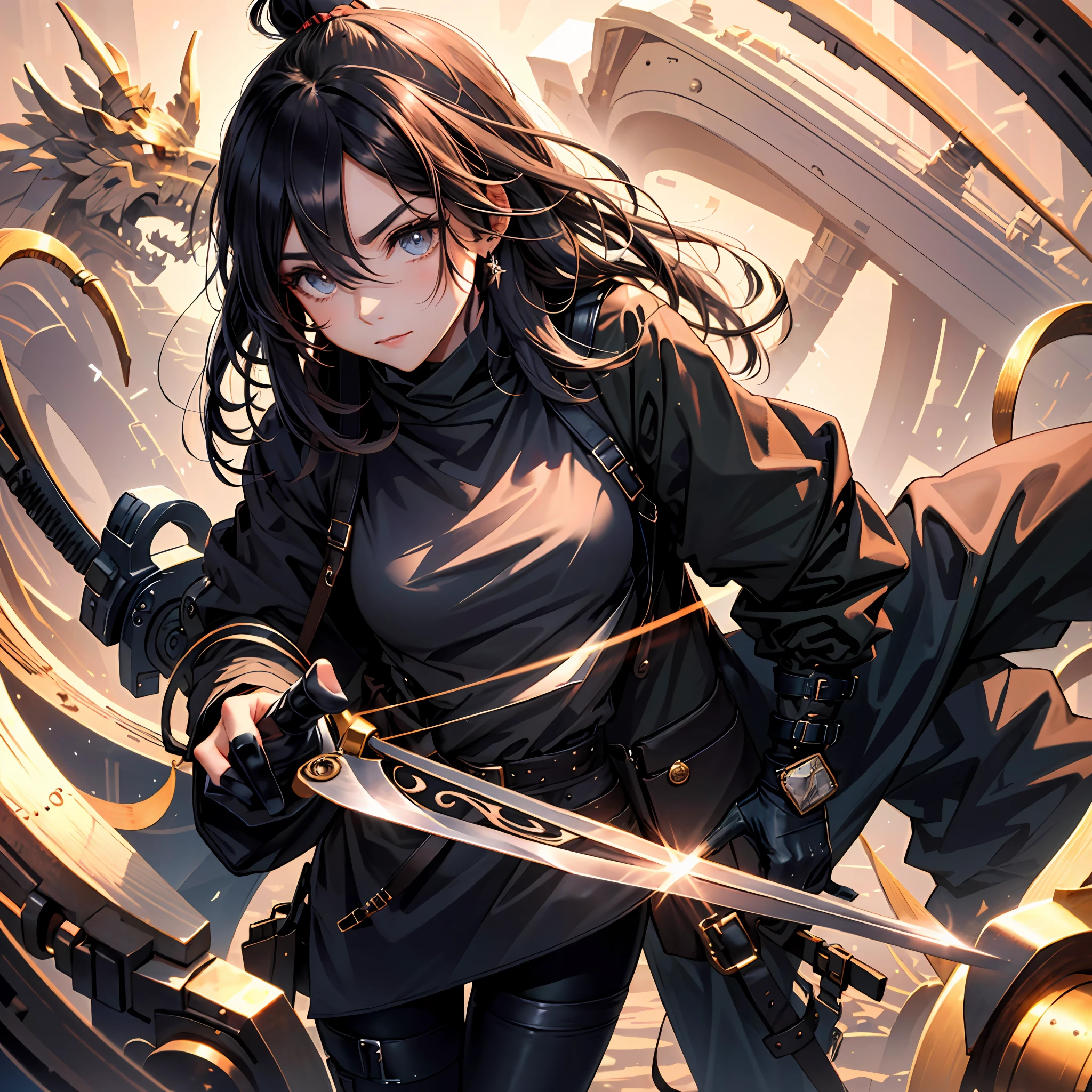 Her long black and silky hair was draped loosely,You can see that it should have been tied with a high ponytail,But gradually disperse in the process of running,A few tufts of hair on the back of the head were still tied in the leather bands,The forehead is smooth and full,The slender and straight brow bone is delicately balanced with the contours of the face,It reveals a hint of fairy air,The eyebrows are like a calligrapher's pen,Smooth and even,Lashes naturally curve upwards,The corners of the eyes are slightly upturned,There was a cold and pure breath in the bright big eyes,It shimmers even in the dark,The small, straight nose resembles an unbladed sword,The figure is bumpy,Wear a black tights jacket and leggings
