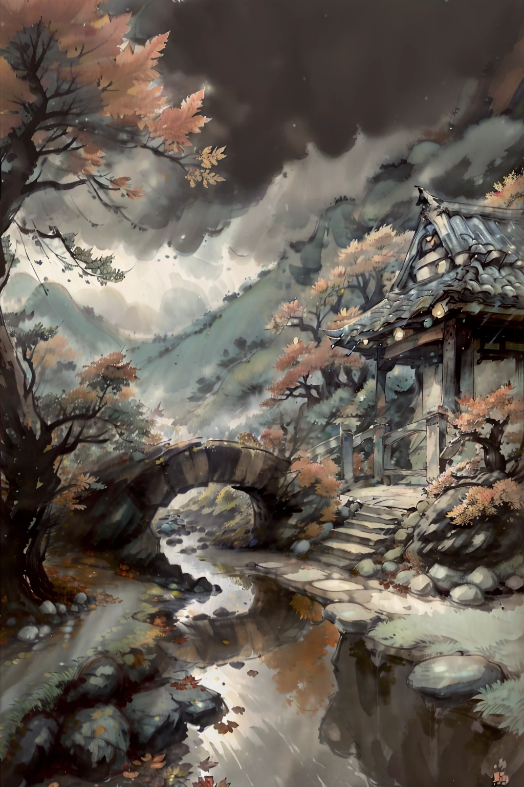autumnal、maple leaves、rainbowing、Next to the ancient road、paths、the trees、Bluestone Bridge、rivulets、kotori、chrysanthemums、thin fog、freshen、peacful、Quiet