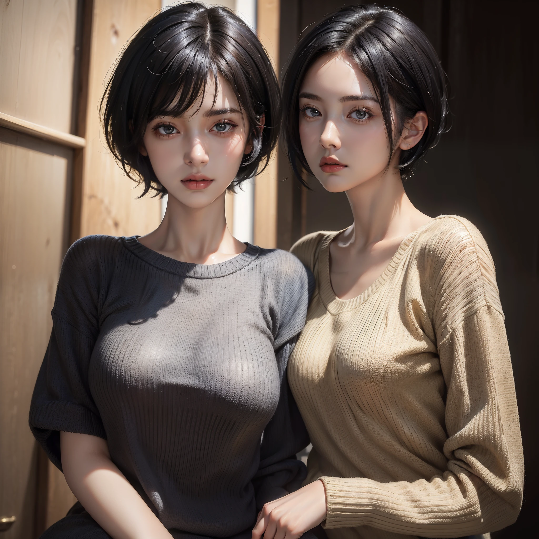 (masterpiece:1.3), (8k, photorealistic, RAW photo, best quality: 1.4), (1girl), beautiful face, (realistic face), (black hair, short hair:1.3), beautiful hairstyle, realistic eyes, beautiful detailed eyes, (realistic skin), beautiful skin, (sweater), absurdres, attractive, ultra high res, ultra realistic, highly detailed, golden ratio