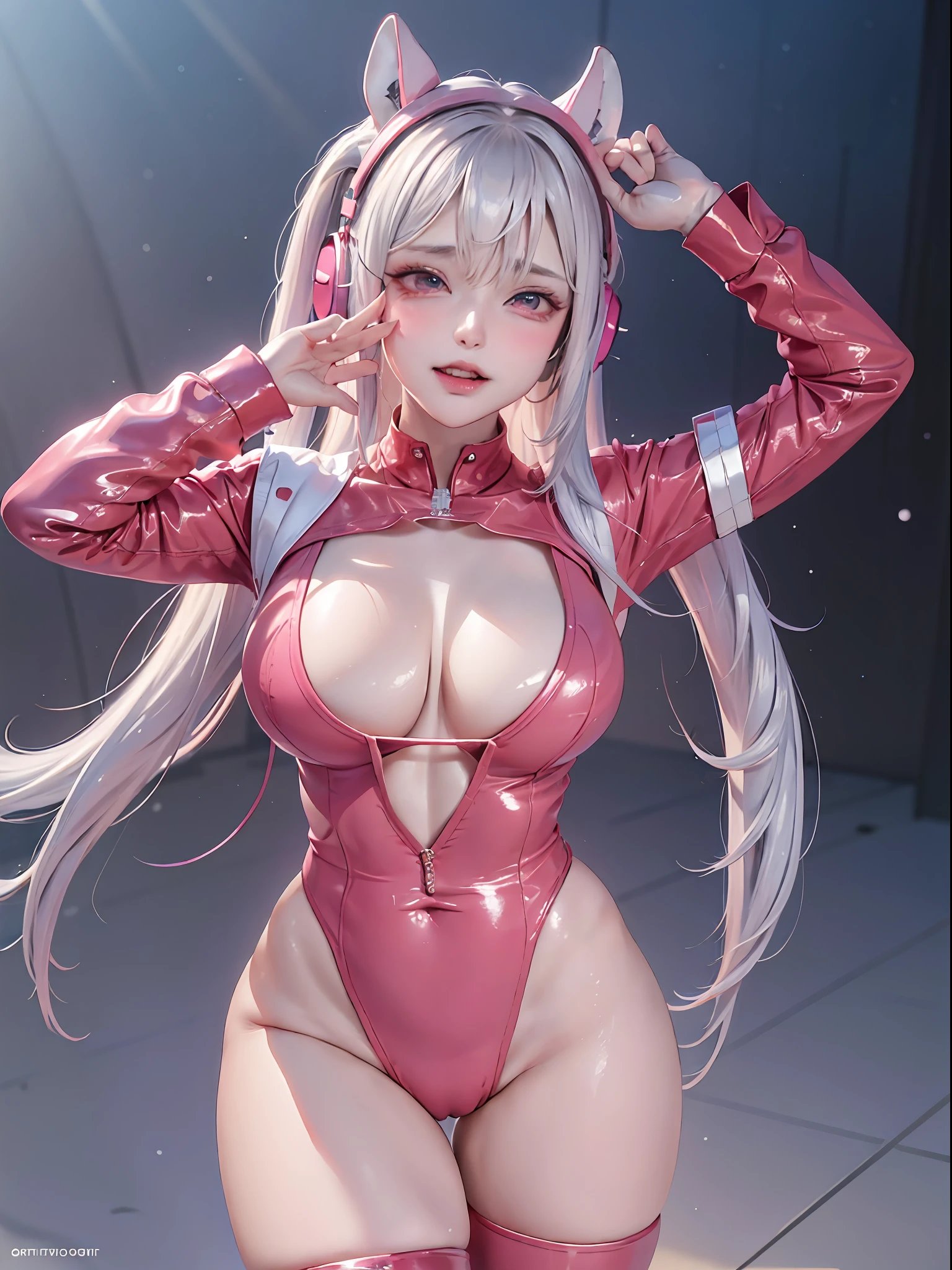 (RAW photo, best quality, masterpiece:1.2), (realistic, photo-realistic:1.4),(masterpiece:1.4),(best quality:1.4),1girl, solo, :d, animal ear headphones, animal ears, arms up, bangs, blush, bodysuit, breasts, bunny pose, clothes writing, covered navel, cowboy shot, cropped jacket, fake animal ears, gloves, outdoor,morning,snow, hair intakes, headphones, impossible bodysuit, impossible clothes, jacket, large breasts, latex, latex bodysuit, long hair, long sleeves, looking at viewer, large breasts, multicolored gloves, open mouth, pink bodysuit, pink eyes, red eyes, red jacket, shiny clothes, shrug \(clothing\), sidelocks, skin tight, smile, thigh gap, thighs, twintails, very long hair, white gloves, white hair,alice \(nikke\),(shiny skin),realistic,