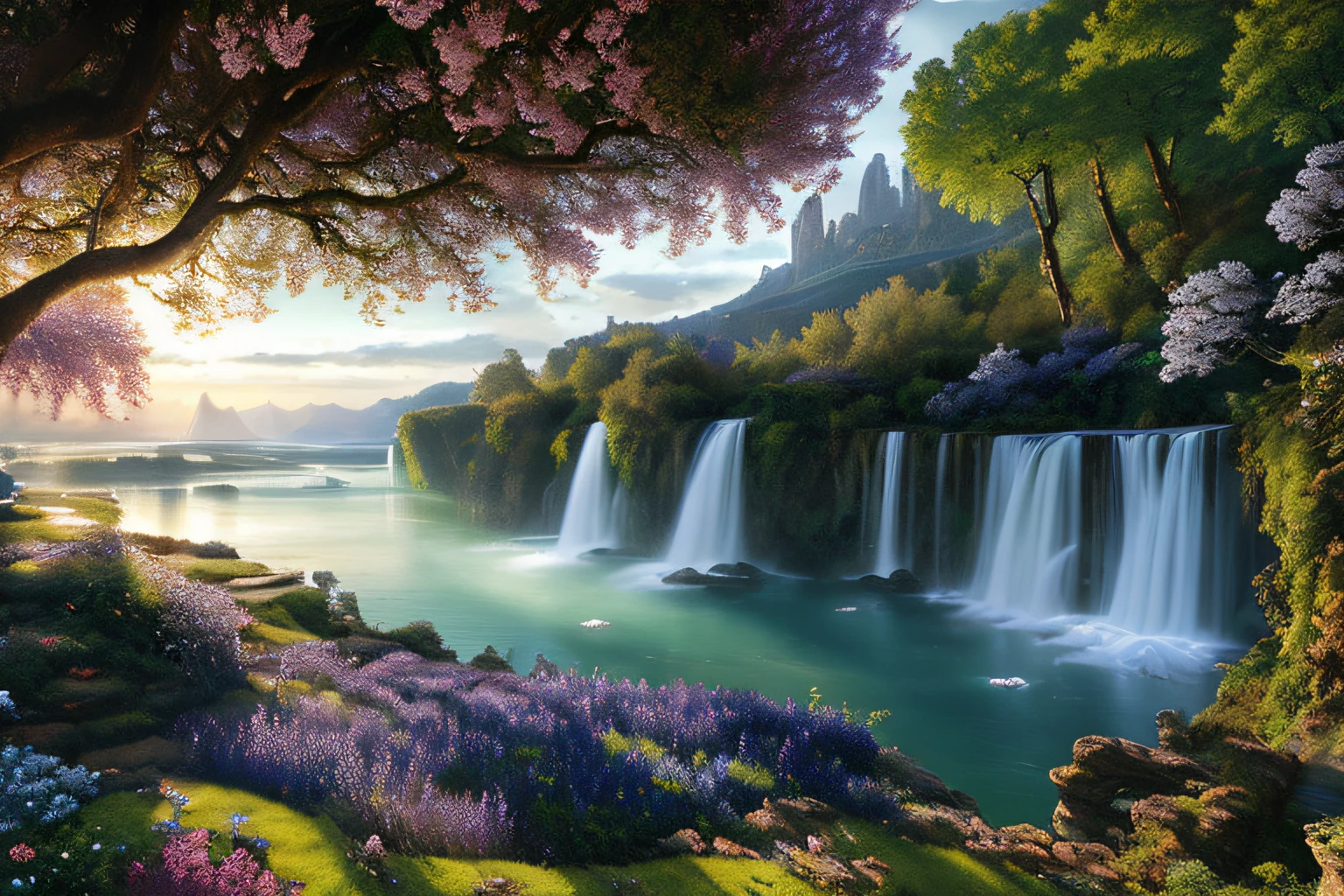 Landscape with morning dew, bleu profond,glycine,cascades, , ciel azur lumineux, ,(Highly detailed CG Unit 8k wallpaper), The most beautiful work of art in the world, Professional majestic oil painting, complexe, High detail, mise au point nette, dramatique, Art of photorealist painting, Alma Tadema