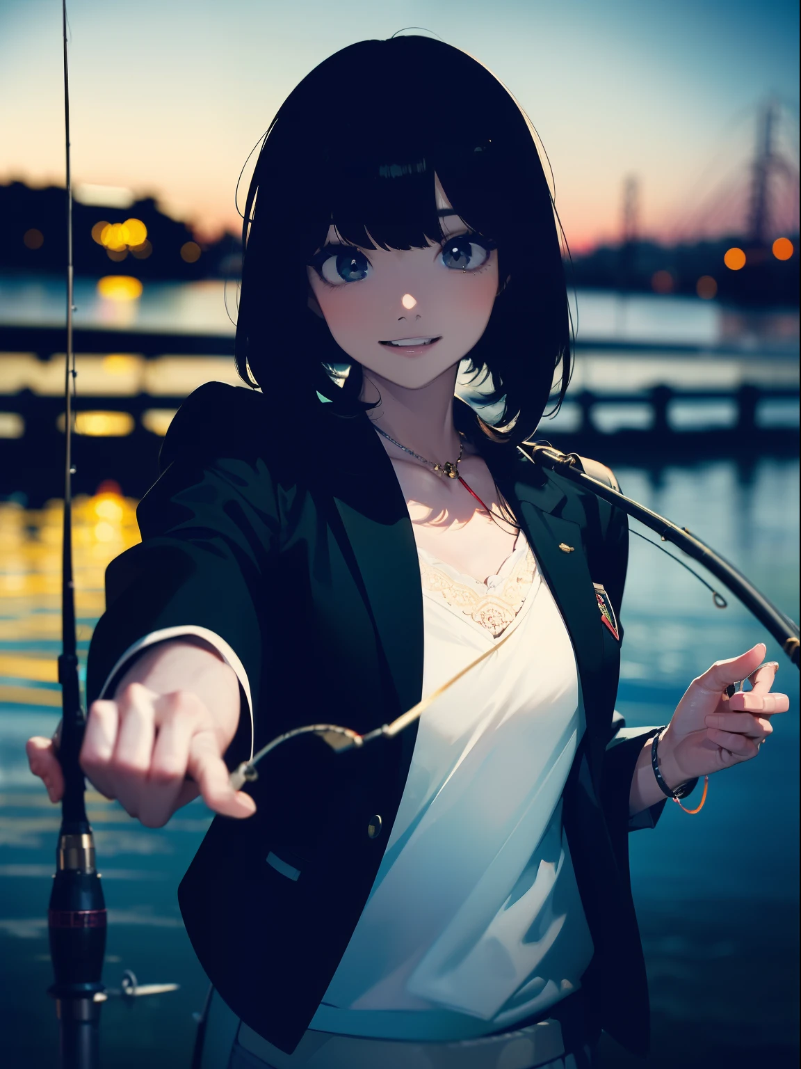 ((((Having a fishing rod with a reel by the lakeside)))),((Best Quality, masutepiece :1.3)),((( Large Mouth Bass))),hight resolution,ultra-detailliert,Beauty and aesthetics,​masterpiece,best qualtiy,(1 Japanese woman),Black hair, long eyeslashes, Solid Circle Eyes, smile, drop shadow, Atmospheric perspective,Super Detail, ccurate, small brest,(Black jacket :1.1),top-quality, absurderes:1.2, blurry backround, bokeh dof:1.2, a picture, (​masterpiece:1.3), (intricate detailes:1.2), Atmospheric perspective,Super Detail, ccurate,