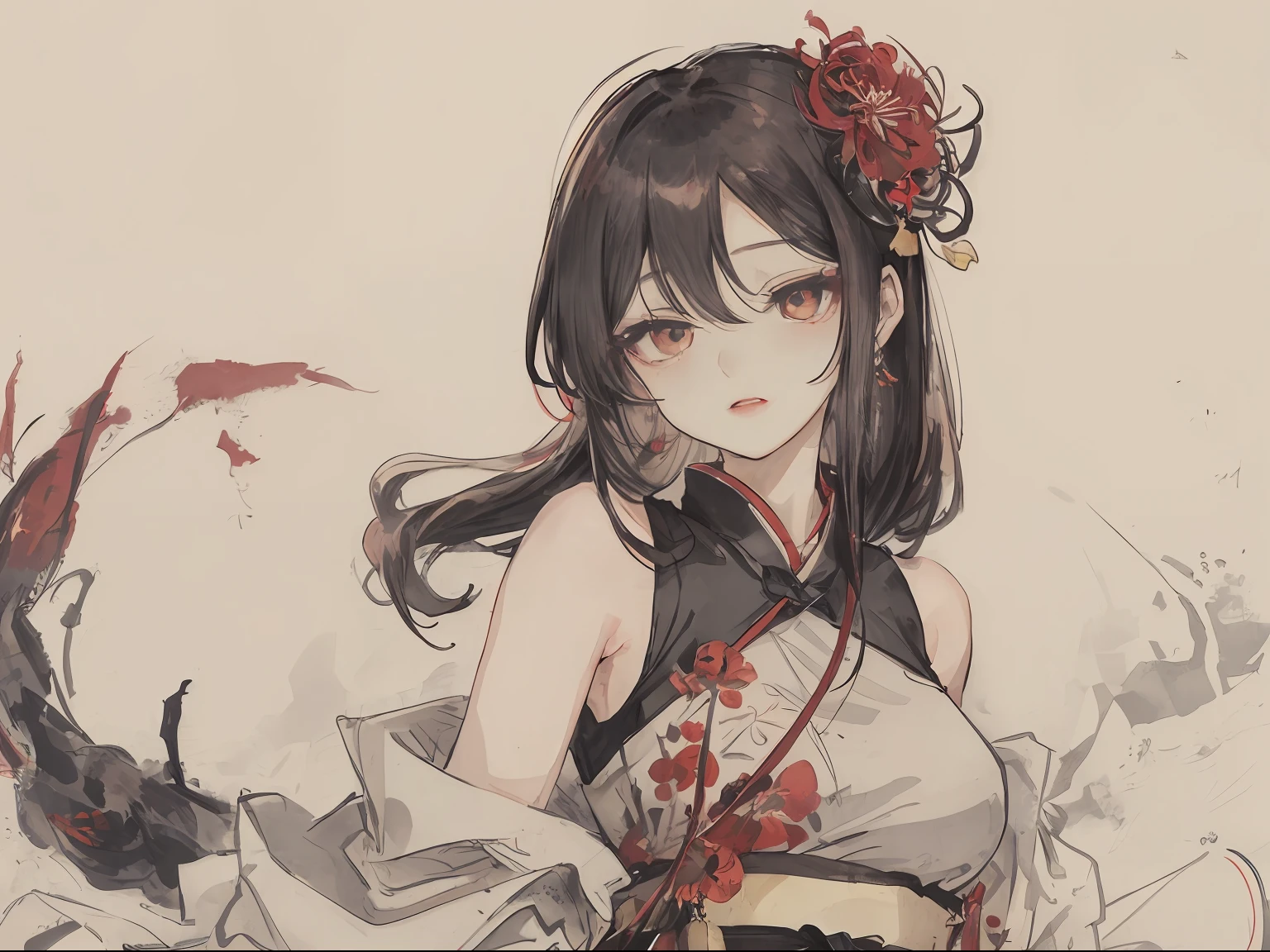 ((High resolution)), (Open Mouth), (Bust), (Top Quality), ((Super Fine)) (Super Fine CG)), ((8k_wallpaper)), Dynamic Angle, Floating, (Eyes with Beautiful Details), Very Delicate and Beautiful Girl, Upper Body, Ink Painting, (Chinese Style), Dark Eyes, Burning, Detail Light. from_low, (black hair), (red spider) lily: 1.33), aqua eye, (hair flower: 1.3), Bloom, single, starry sky, hair accessories, earrings, jewelry, messy hair, bare shoulders, half-closed eyes, bloom, (men), (Hanfu: 1.3), (Medium breasts): 1.2), (Eyeshadow, Red Eyeliner: 1.15), (Eyeshadow, Red Eyeliner: 1.15), (Eyeshadow, Red Eyeliner: 1.15), (Visible Eyes Through Hair: 1.2), (Solo Exhibition), Red Moon