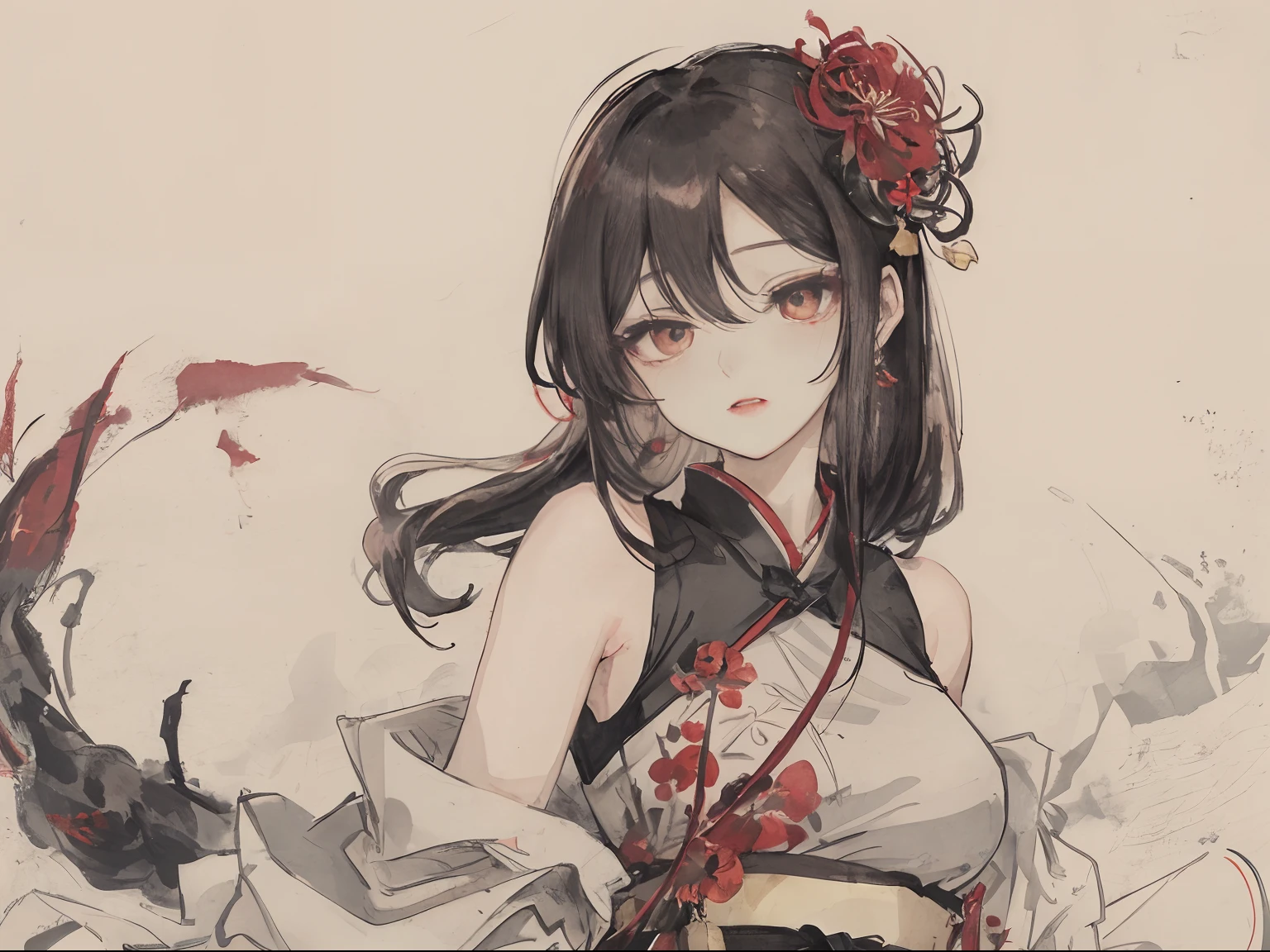 ((High resolution)), (Open Mouth), (Bust), (Top Quality), ((Super Fine)) (Super Fine CG)), ((8k_wallpaper)), Dynamic Angle, Floating, (Eyes with Beautiful Details), Very Delicate and Beautiful Girl, Upper Body, Ink Painting, (Chinese Style), Dark Eyes, Burning, Detail Light. from_low, (black hair), (red spider) lily: 1.33), aqua eye, (hair flower: 1.3), Bloom, single, starry sky, hair accessories, earrings, jewelry, messy hair, bare shoulders, half-closed eyes, bloom, (men), (Hanfu: 1.3), (Medium breasts): 1.2), (Eyeshadow, Red Eyeliner: 1.15), (Eyeshadow, Red Eyeliner: 1.15), (Eyeshadow, Red Eyeliner: 1.15), (Visible Eyes Through Hair: 1.2), (Solo Exhibition), Red Moon