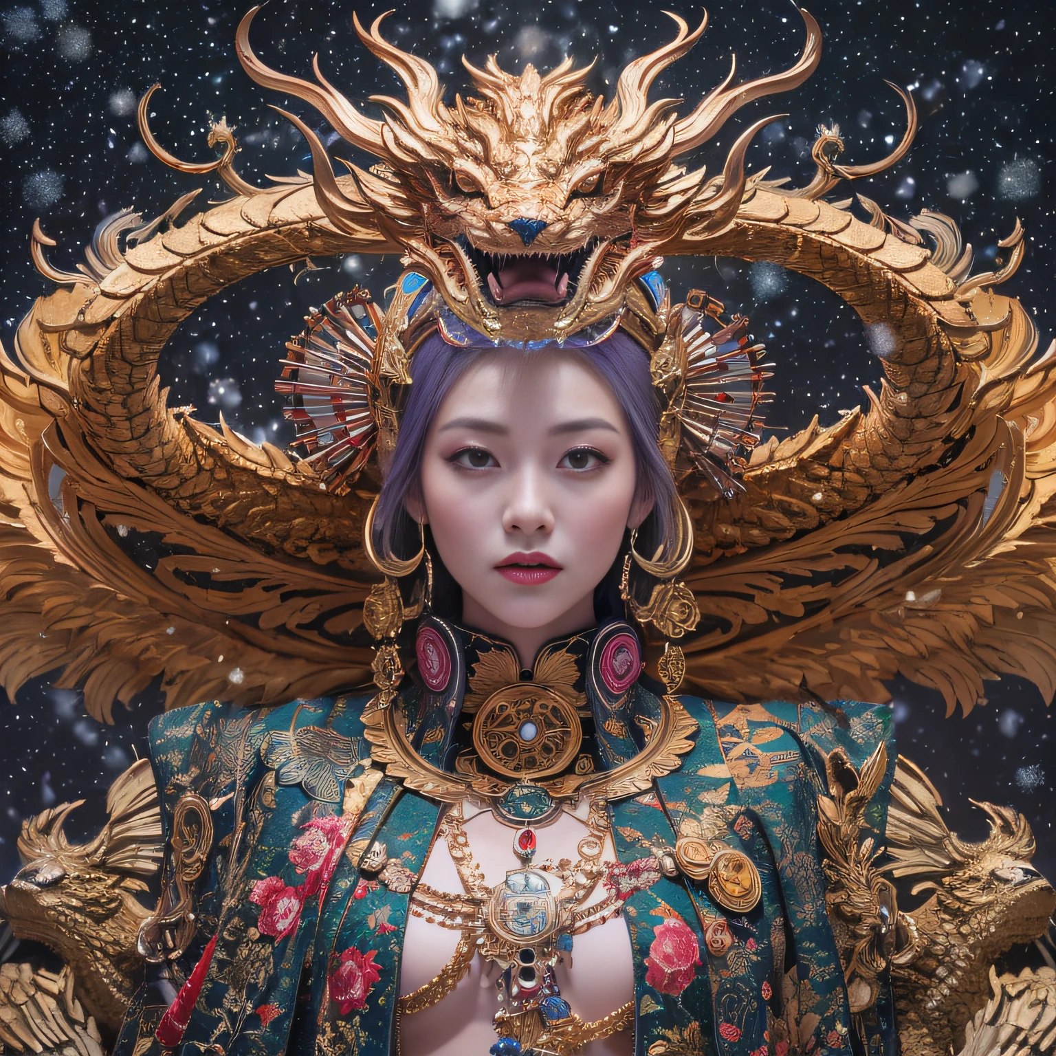 16k(tmasterpiece,k hd,hyper HD,16k)short detailed hair,Vintage train sleeper area,Snow Circle Female Bodhisattva,Two Golden Dragon Protectors(realisticlying:1.4),Python robe,Purple apron,Snowflakes fluttering,The background is pure,A high resolution,the detail,RAW photogr,Sharp Re,Nikon D850 Film Stock Photo by Jefferies Lee 4 Kodak Portra 400 Camera F1.6 shots, Rich colors, ultra-realistic vivid textures, Dramatic lighting, Unreal Engine Art Station Trend, Cinestel 800.