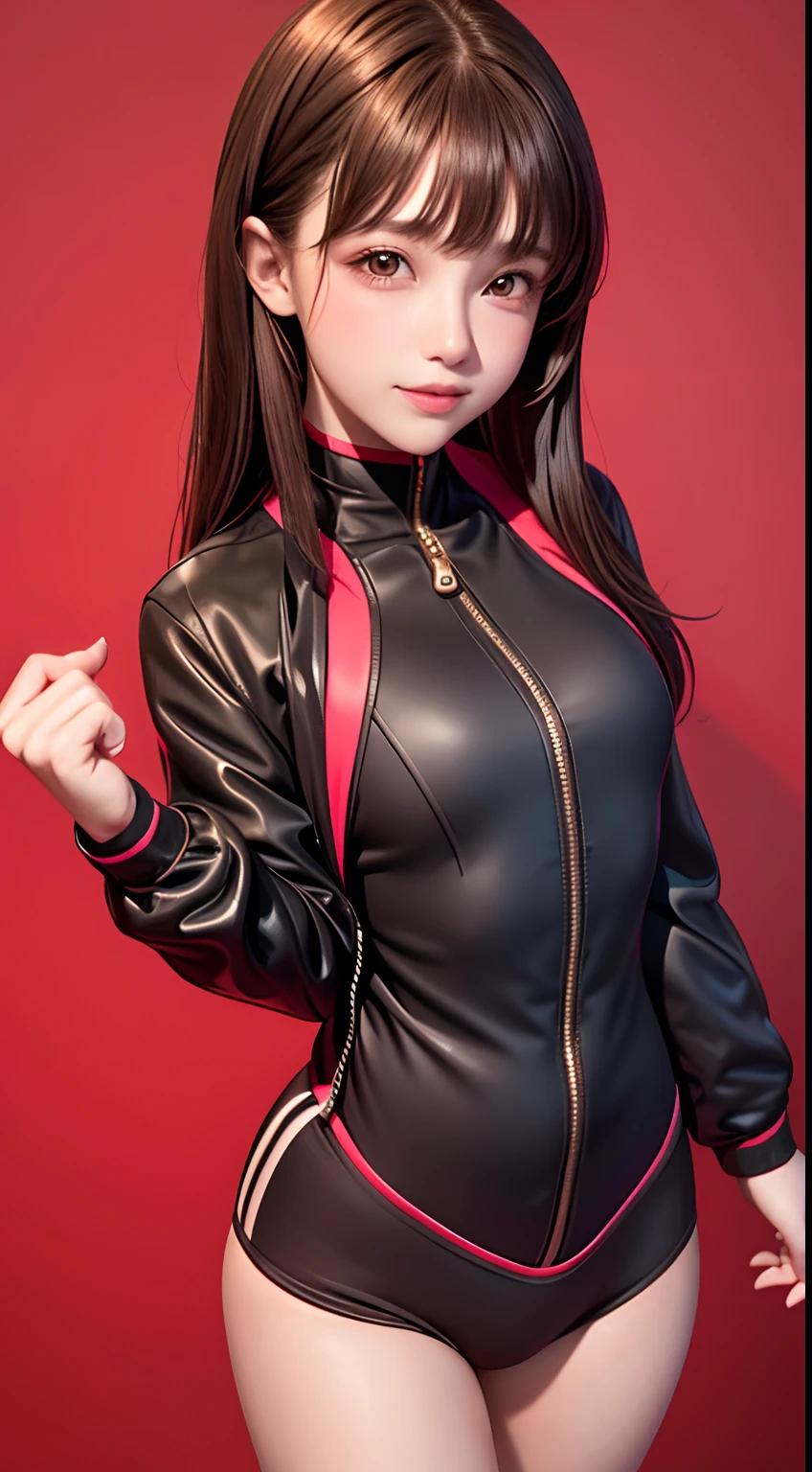 1girl, solo,underwaterbrown hair, brown eyes, parted lips, long sleeves, jacket, simple background, upper body, red background, looking at viewer, teeth, jacket, lips, cosplay, full body, smile,