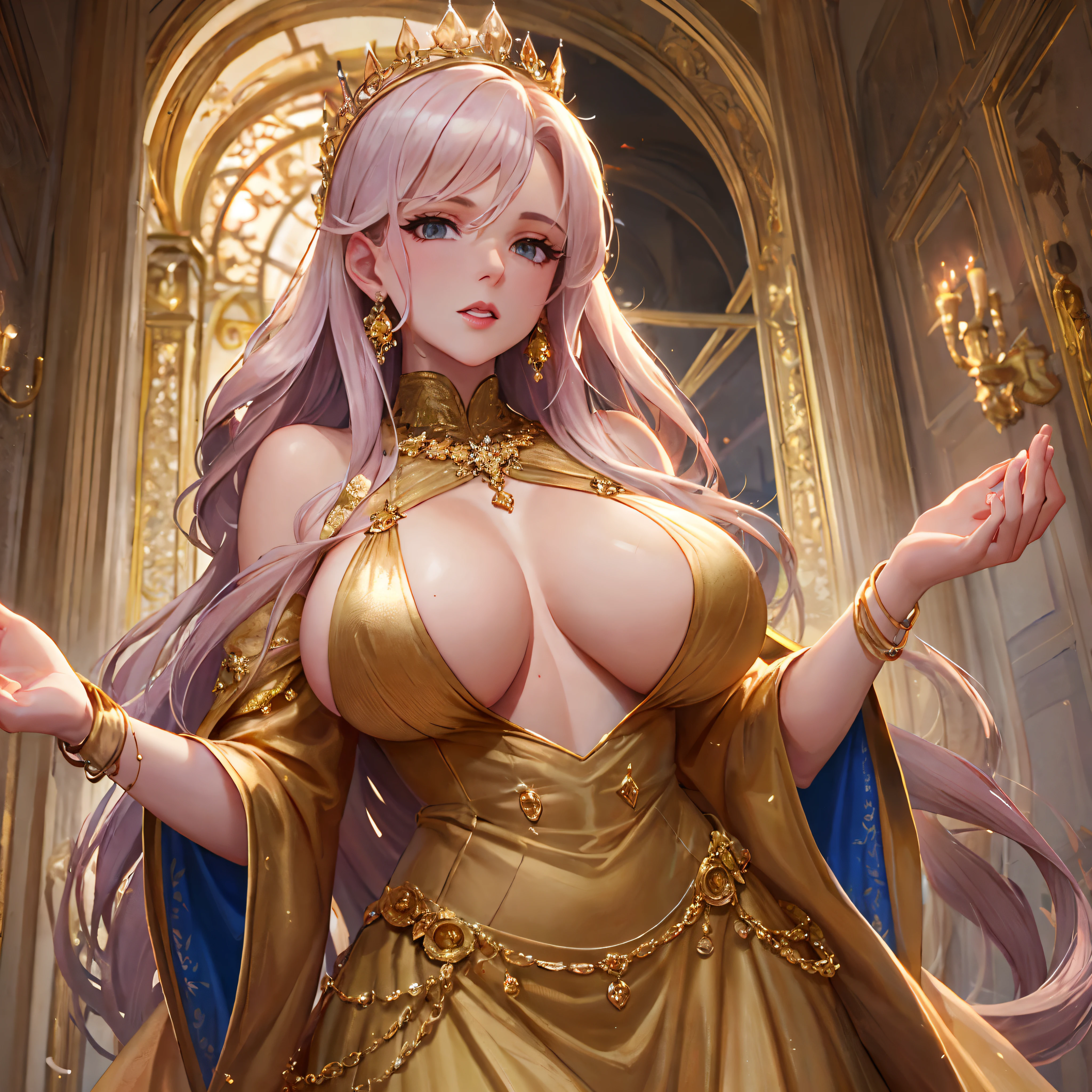 Queen wearing golden gown,big breast,full clothed