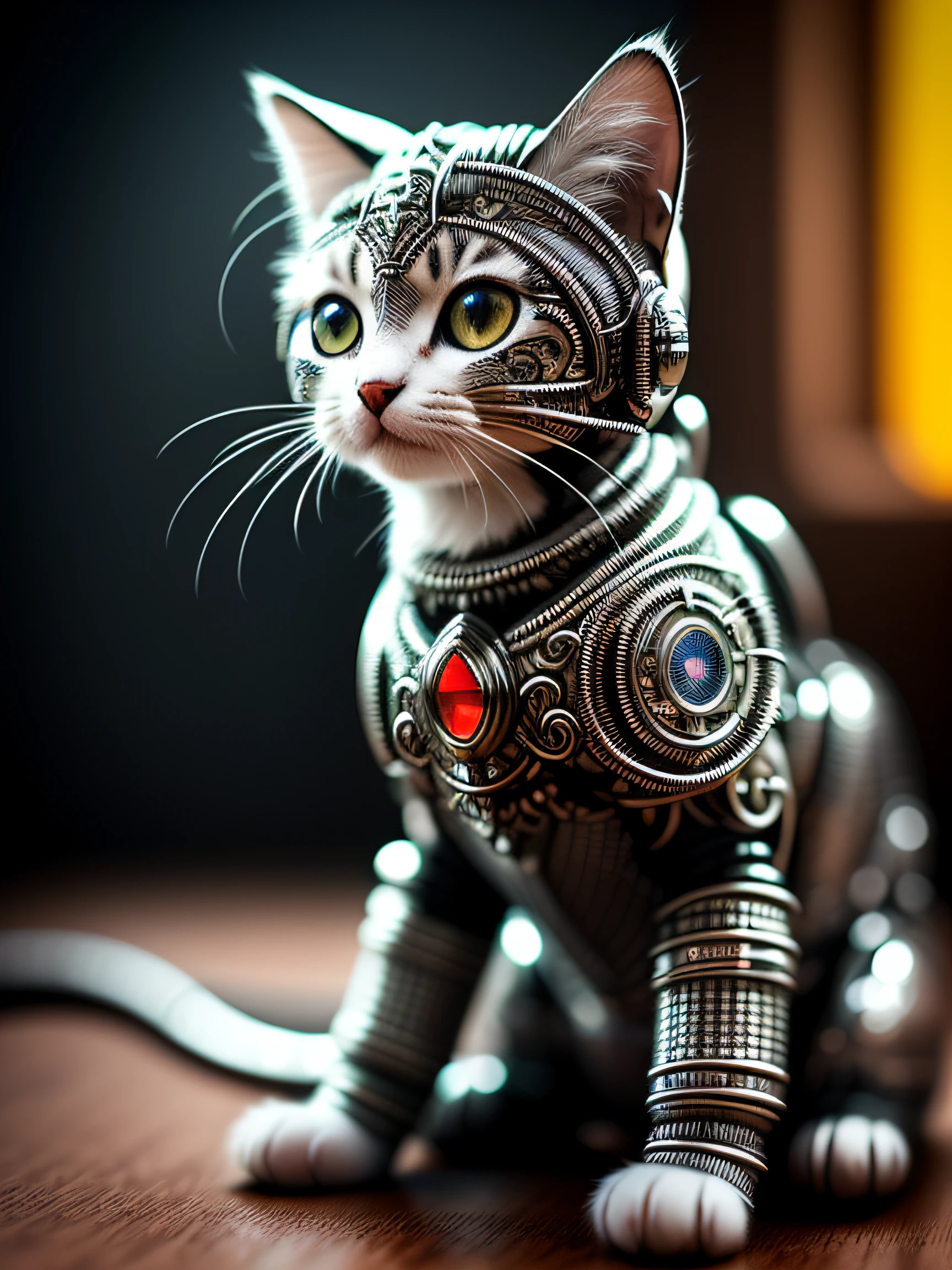 a cute kitten made out of metal, (cyborg:1.1), ([tail | detailed wire]:1.3), (intricate details), hdr, (intricate details, hyperdetailed:1.2), cinematic shot, vignette, centered