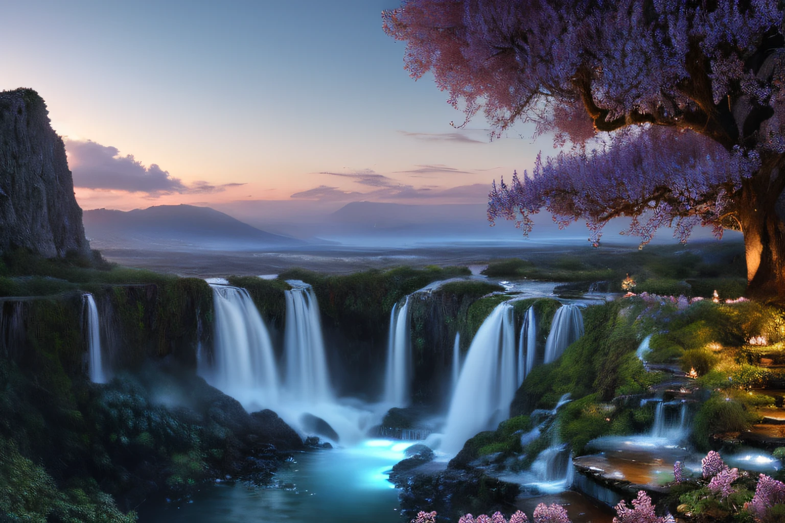Landscape with morning dew, bleu profond, une petite cascade, ciel azur lumineux, ,(Highly detailed CG Unit 8k wallpaper), The most beautiful work of art in the world, Professional majestic oil painting, complexe, High detail, mise au point nette, dramatique, Art of photorealist painting, Alma Tadema